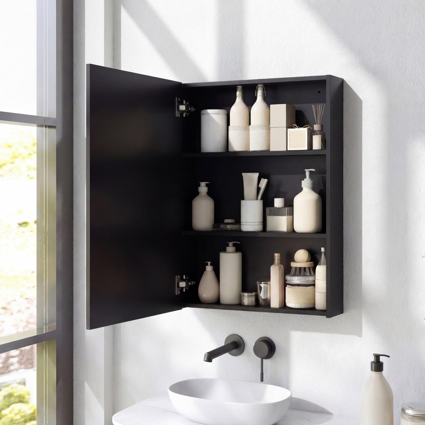 Panana Bathroom Cabinet Medicine Cabinets with Single Mirrored Door Wall Mounted Cabinet with Mirror, Storage Shelf with Adjustable Shelves Storage Organizer Kitchen Cupboard (Black, 19.7x27.6 inch)