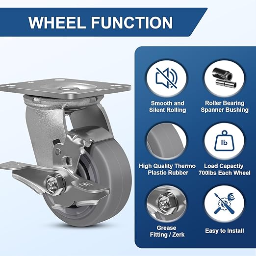 4"x2" Rubber Wheels (Flat Tread)- Heavy Duty Casters, Industrial Caster Wheels- Set of 4 with up to 2800 LB Capacity- Use for Dollies, Workbench(2 Brake &2 Rigid)