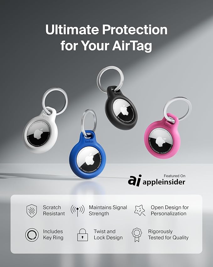 Belkin Apple AirTag Secure Holder with Key Ring - Durable Scratch Resistant Case With Open Face & Raised Edges - Protective AirTag Keychain Accessory For Keys, Pets, Luggage, Backpacks -2 Count Black