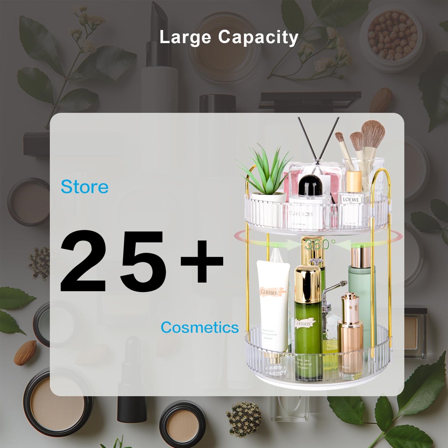 Niluks 360 Rotating Makeup Organizer - Large Capacity Spinning Perfume & Cosmetic Skincare Holder for Countertop (Pearl White, 2 Tier)