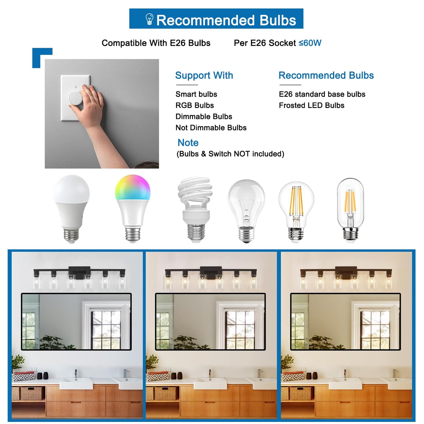 Black Bathroom Light Fixtures, 6-Light Bathroom Lighting Fixtures Over Mirror with Clear Glass Shade, Matte Black Vanity Lights, 6 Light Count Large Vanity Light Fixture for Bath, Mirror,Wall Sconce