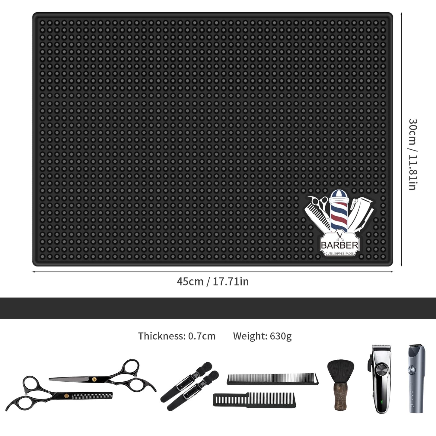 Barber Mat for Clippers Non-Slip Thickened Silicone Non-Slip Mat | Barber Shop Home Counter Workstation Organizer Mat for Scissors, Trimmers, Clippers, Hair Cards, Combs, Razors, etc (17.5 * 12 Inch)