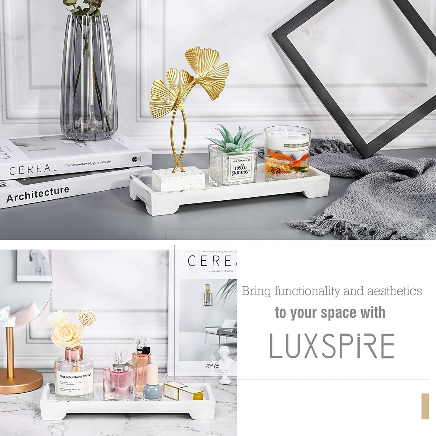 Luxspire Vanity Tray, Bathroom Toilet Tank Storage Tray, Resin Kitchen Sink Trays, Vanity Countertop Organizer for Candles Soap Towel Perfume Holder Decor Jewlery Dish, Marble Style -S- Gravel White