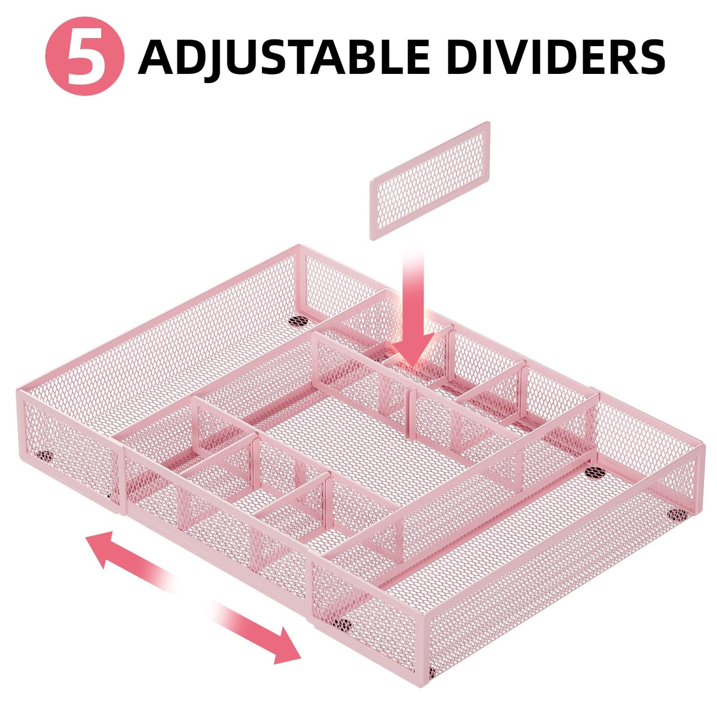 Marbrasse Expandable Desk Drawer Organizer, Mesh Tray with 10 Adjustable Compartments, Desk Organizers for Office Supplies, Makeup & Vanity (Expandable-Pink)