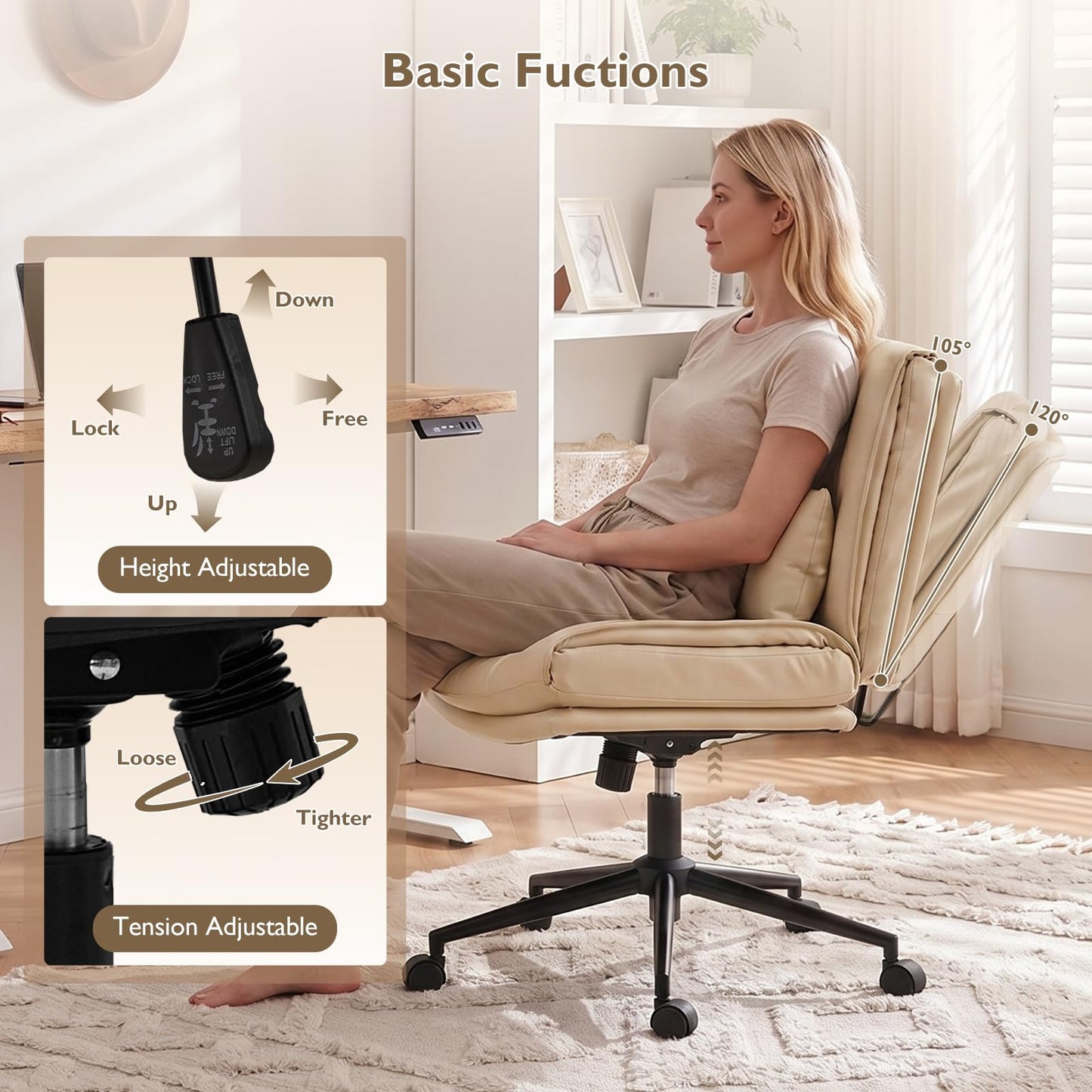 BIAOZHIKE Armless Criss Cross Office Chair with Wheels,PU Leather Beige