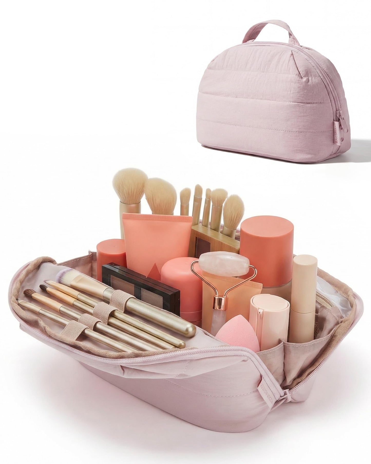 BAGSMART Travel Makeup Bag for Women, Portable Fold-down Cosmetic Case, Puffy Padded Make Up Organizer Pouch, Water-resistant Toiletry Bag for Toiletries, Brushes (Baby Pink)