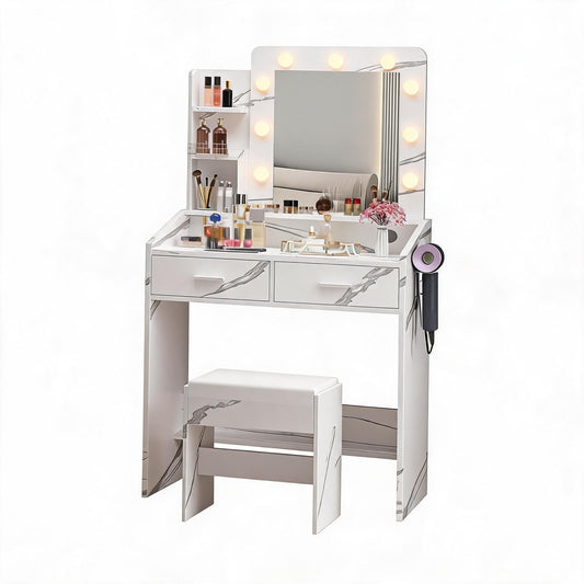 Garvee Marble White Vanity Table Set with Large Mirror – Dimmable LED Lights, 7 Drawers, Cushioned Stool, Adjustable Lighting, Power Outlet, Hairdryer Holder – Bedroom, Marble White