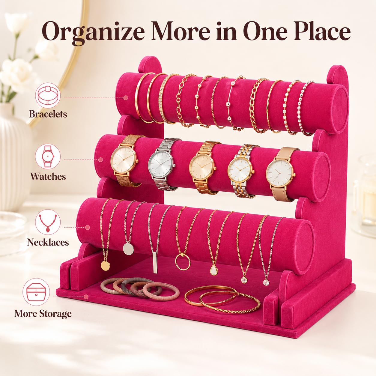 ChezMax Triple Tier Jewery Display Removable Bracelet Holder Jewelry Stand Necklace Stand Jewelry Towers and Watch Holder for Home Organization
