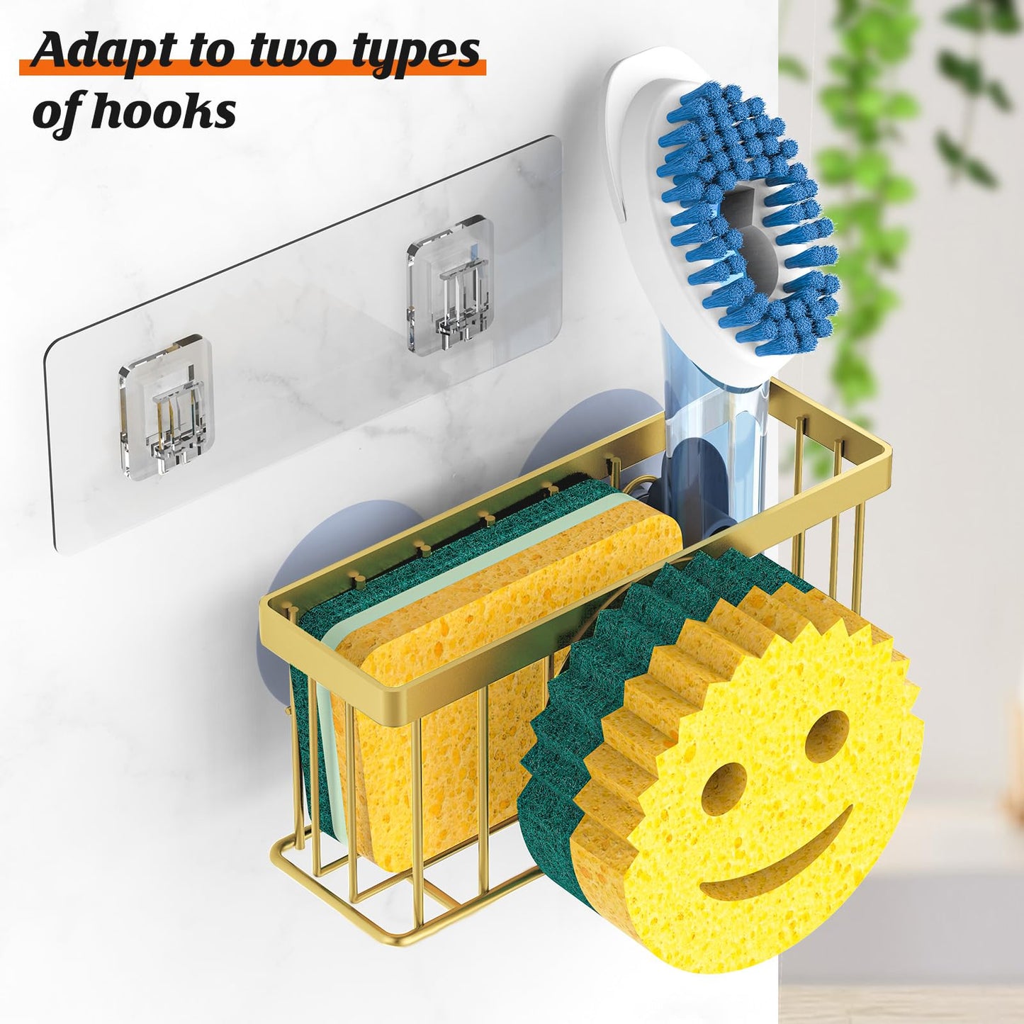 MURLONG Sponge Holder Smiley Face, Sink Caddy for Kitchen Sink, Sink Organizer Sponge Holder with 2 PCS Suction Cups/1 PCS Adhesive Strips, Designed for Sponge, Soap, Dish Brush, Scrubber-Gold