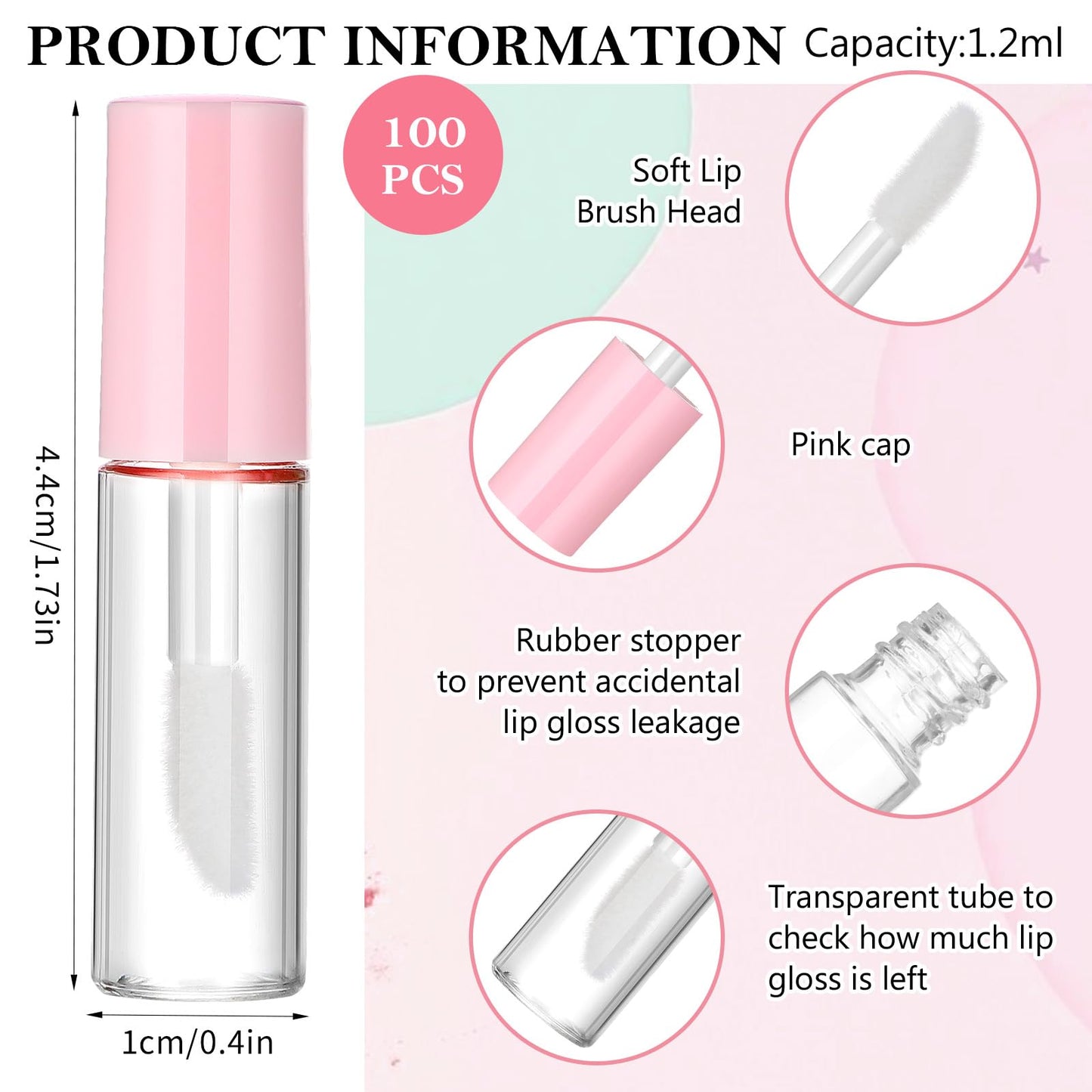 100 Pcs 1.2 ml Mini Lip Gloss Tubes Empty Lipgloss Tubes with Wand Clear Refillable Lip Balm Gloss Containers Lips Glosss Bottles for DIY Lipstick Samples Lips Balms Lipgloss Making(Pink)