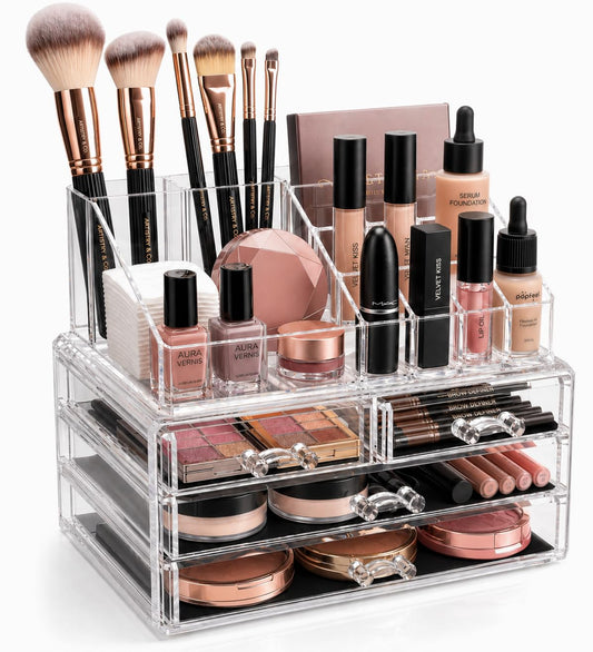 Brookstone Makeup Organizer Countertop, Cosmetic Display Case, Acrylic Makeup Storage for Vanity, Clear Make-up Organizer for Vanity, Accessories Holder with Drawers