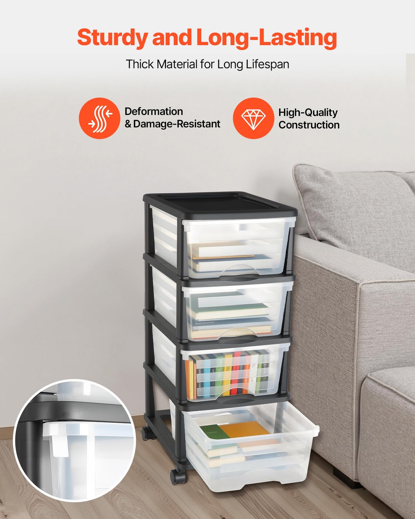 VEVOR Plastic Storage Drawers Cart, 4 Drawers Storage Organizer with Wheels, Rolling Closet Organization and Storage Dividers, Dresser Organizer Clear Bins for Office Supplies, Craft Rooms, Classrooms