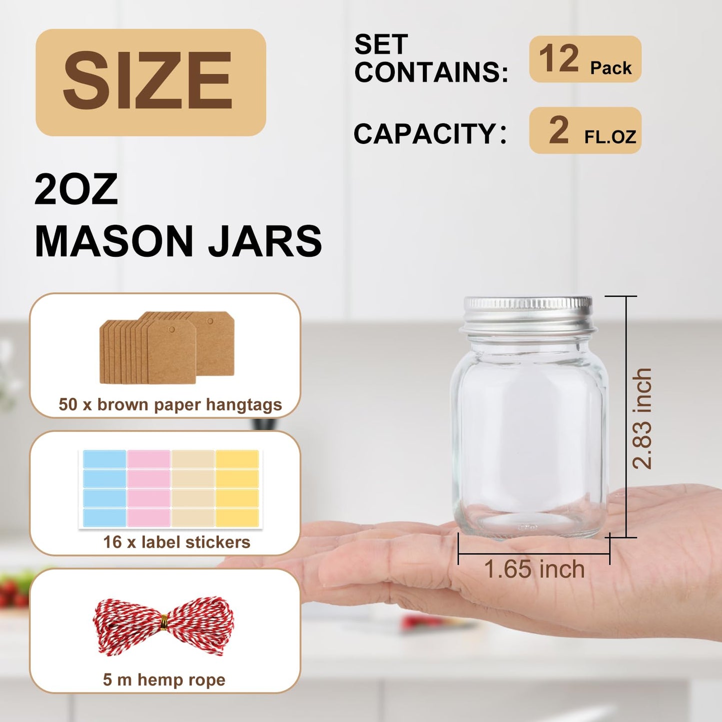 12 Pack 2 oz Mason Jars with Silver Lids, Mini Glass Jar for Ginger Shots, Small Juice Shot Bottles with Caps, Container for Wellness Beverage Storage Candle Gifts Honey Jam Spices Party Favors