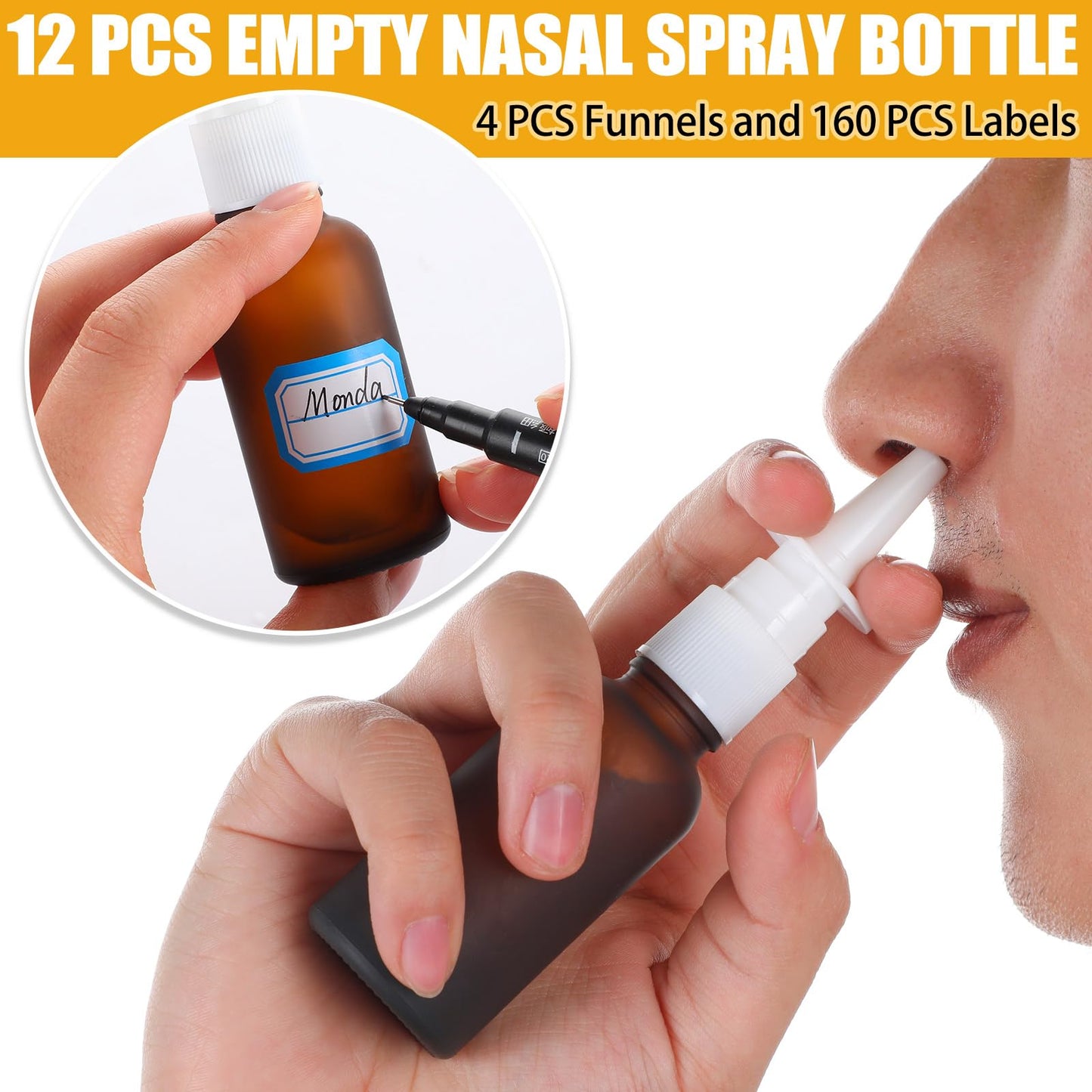 ZHWKMYP 20 Pcs Nasal Spray Bottle, 30ML/1oz 12 Pcs Brown Empty Refillable Matte Glass Nasal Spray Bottle with 4 Funnels and 4 Labels