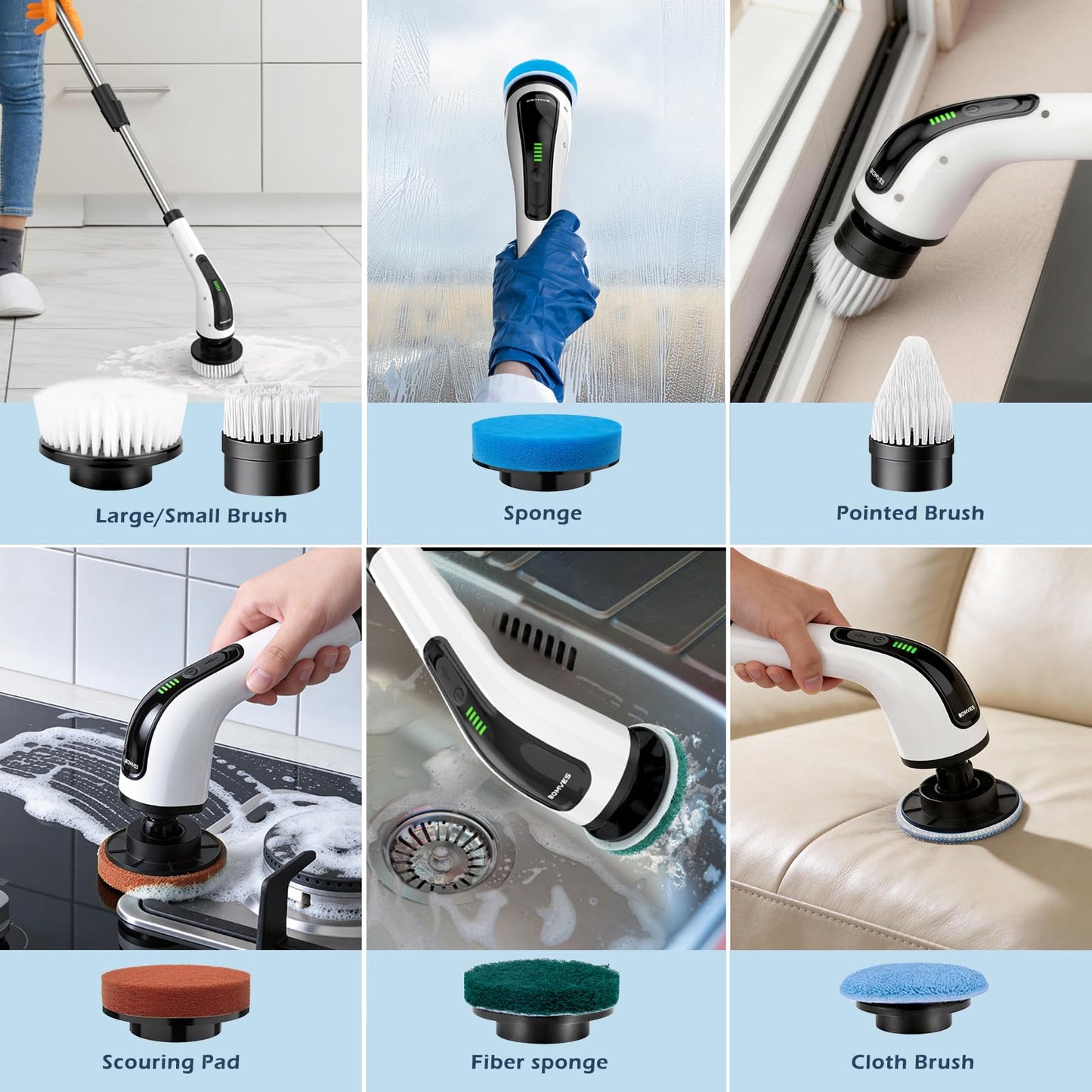 Bomves Electric Spin Scrubber, Cordless Cleaning Brush Scrubber for Home, Multi Replaceable Brush Heads-90Mins Work Time, 3 Adjustable Size, 2 Speeds for Bathroom Shower Bathtub Glass Car