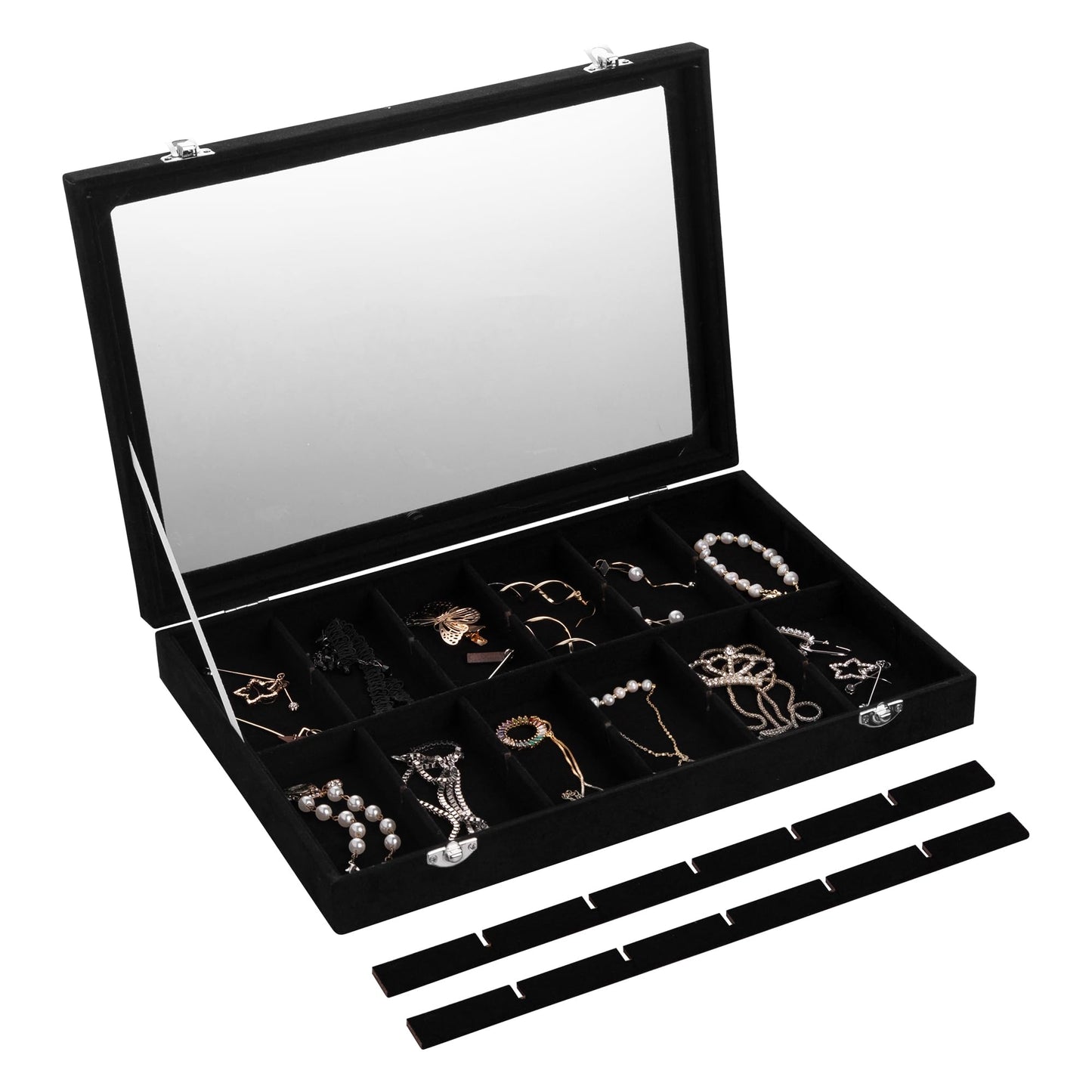 Frebeauty Velvet Jewelry Tray,24 Grid Jewelry Organizer with Clear Lid,Earring Holder Organizer with Clasp,Drawer Insert Rings Pendants Brooches,13.8 x 9.5 x 2 Inches,Gift for Women Girls(Black)