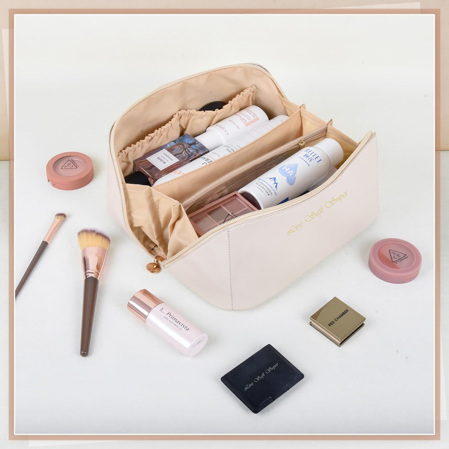 Live Saft Super Large Makeup Organizer Travel Toiletry Bag,Water-resistant PU Makeup Cosmetic Bag for Women Toiletries Travel Bag With Compartments & Handle & Divider