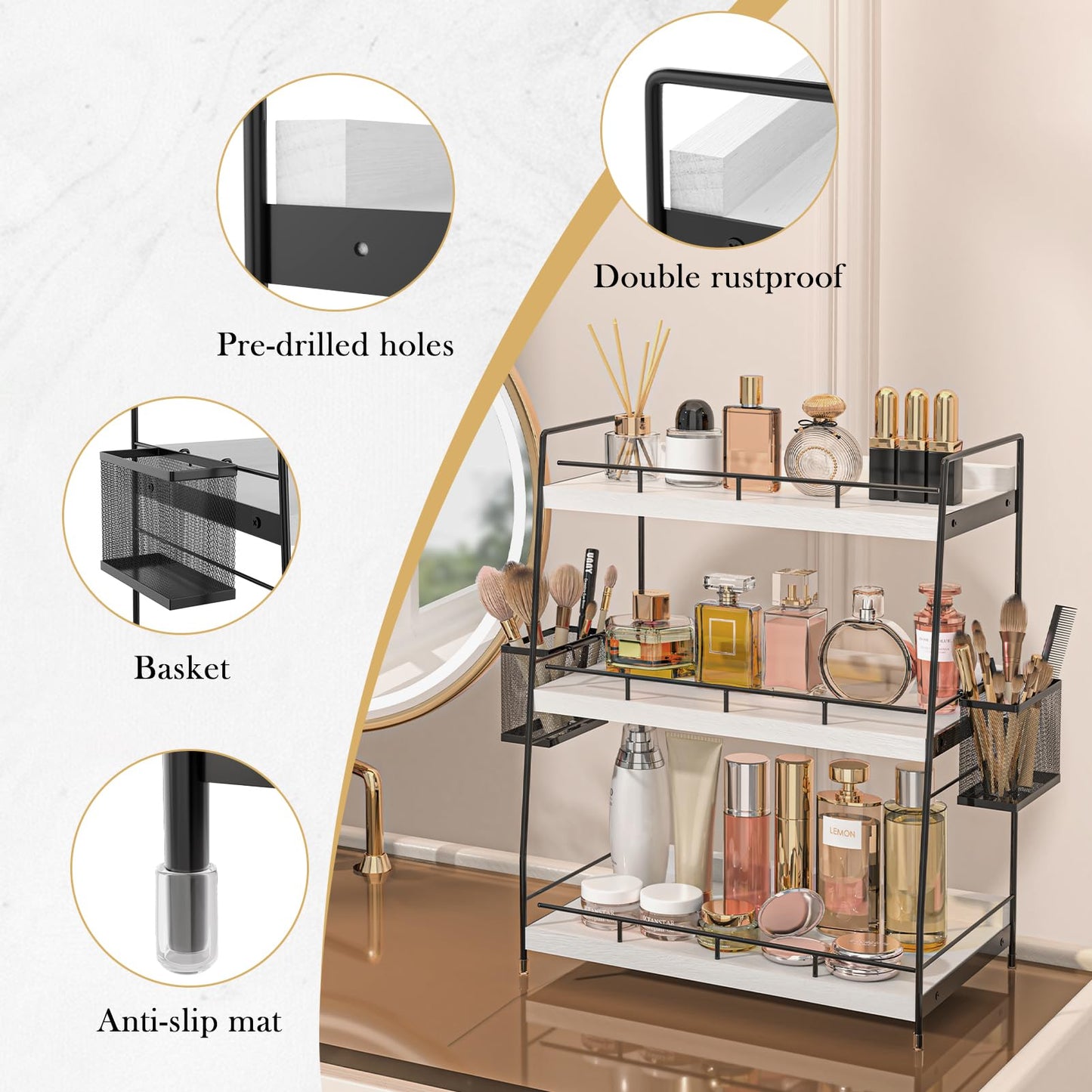 Bathroom Counter Organizer,Bathroom Countertop Organizer with Baskets,Vanity Organizers,Counter Shelf,Countertop Storage, Makeup Organizers(White)