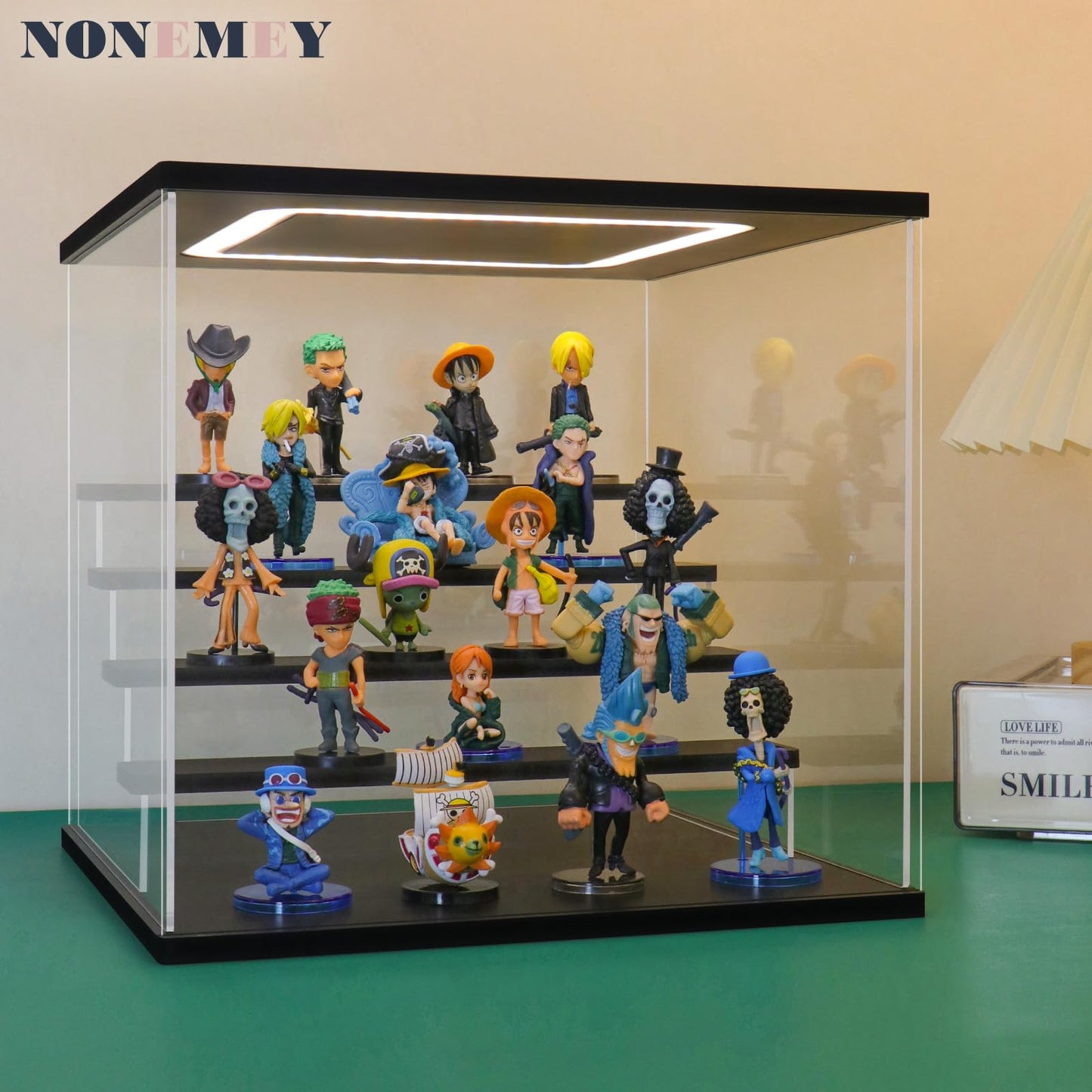 NONEMEY Acrylic Display Case with Light, Upgraded 3 Color Light & Adjustable Brightness Showcase,5 Tier Dustproof Clear Toy Organizer Box for Action Figures, Collectibles, 12.4x12.2x12 In