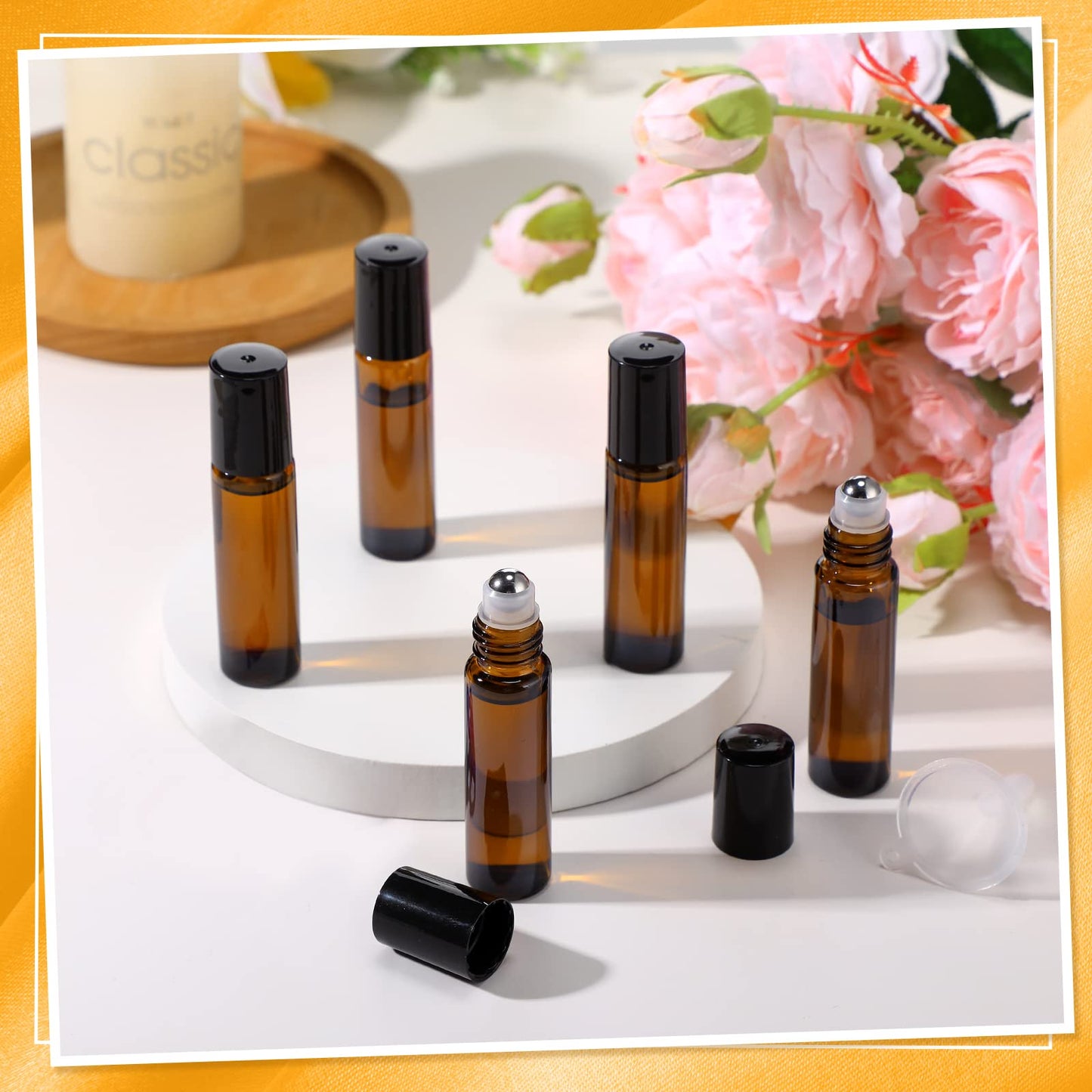 SEEWEY 96 Pcs Essential Oil Roller Bottles 10ml Empty Glass Roller Bottles with Stainless Steel Balls Protection Leakproof with 5 Funnel for Travel Perfume Lip Gloss(Amber)