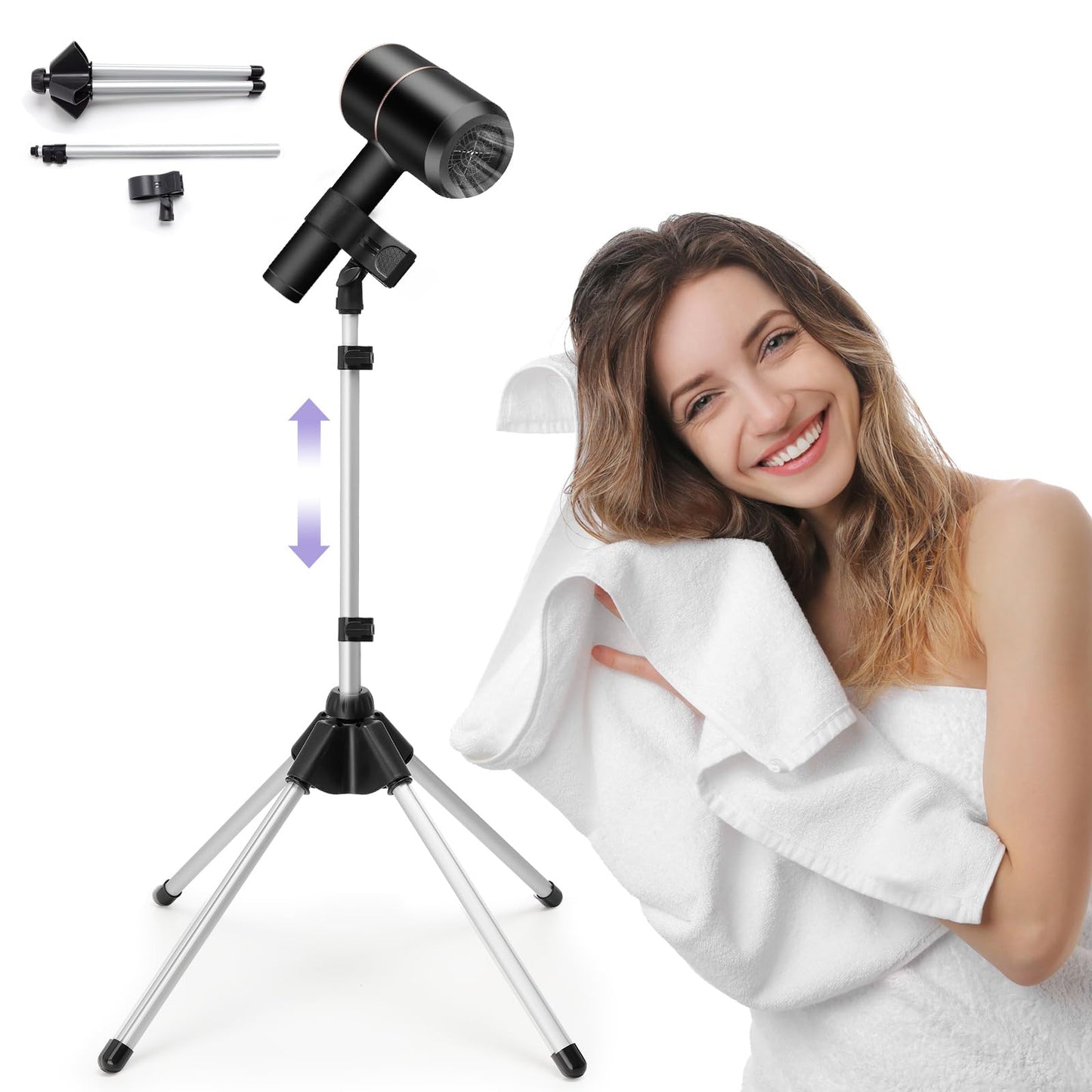 BShome Adjustable Hair Dryer Stand, 29-59 Inch Hair Dryer Holder with Tripod and Universal Clip, 360-Degree Rotating Blow Dryer Stand for Bathroom, Vanity, Makeup Roo, black