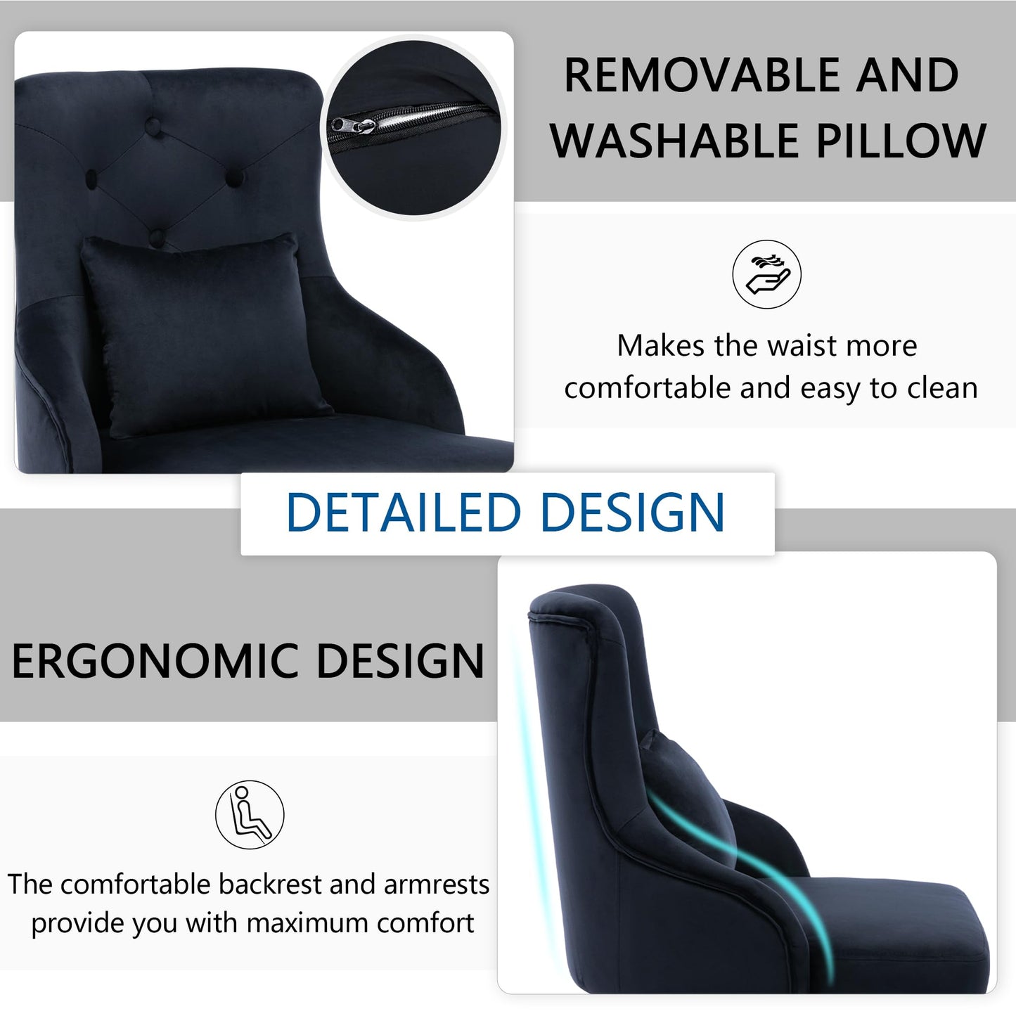 UDAX Velvet Vanity Chairs with Back, Upholstered Makeup Chair No Wheels with Metal Legs & Lumbar Pillow for Living Room/Makeup Room/Bedroom/Home Office/Kitchen
