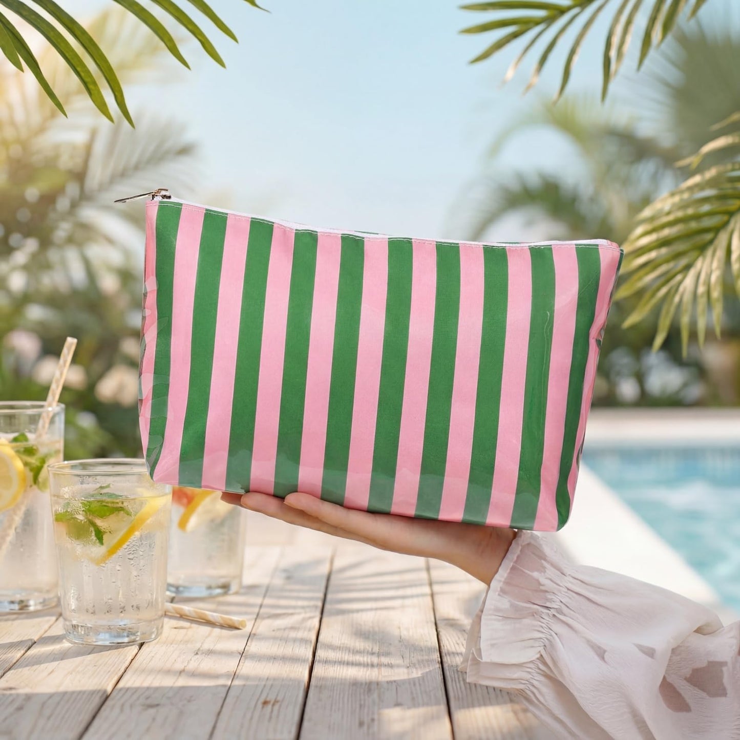 Lestikave Large PVC Waterproof Striped Makeup Bag,Clear Coated Cosmetic Bags,Easy to Clean,Travel Organizer Zipper Pouch Beach Vacation Essentials for Women Girls(09Pink Green)