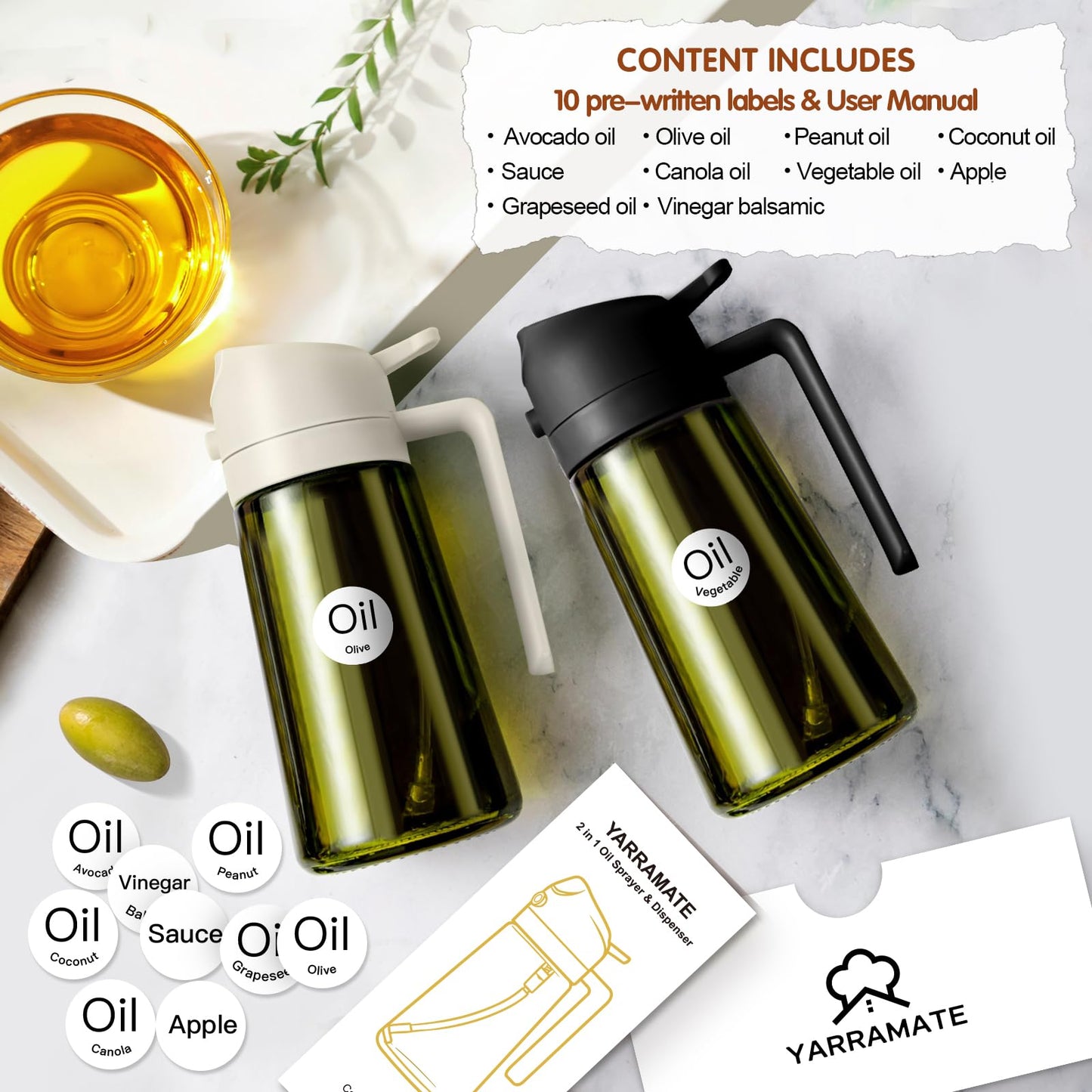 YARRAMATE 16oz/470ml 2PCS Light Blockage Dark Oil Sprayer for Cooking, 2 in 1 Olive Oil Dispenser Bottle for Kitchen, Green Glass Oil Bottle, Food-Grade Oil Mister for Air Fryer, BBQ (Black & Green)