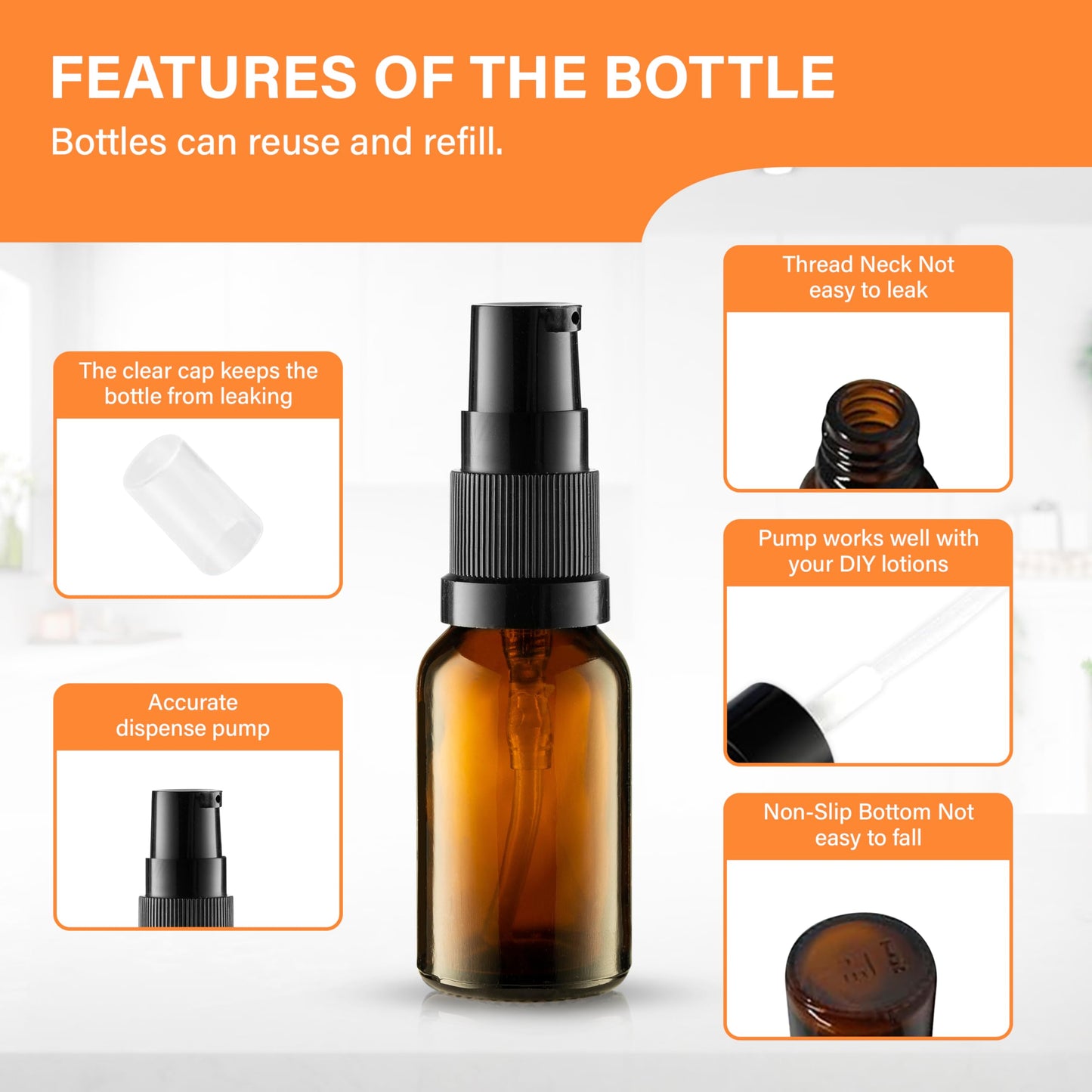 VitalUp 12 Pack Empty Refillable Glass Amber Pump Bottle Ideal for Lotion Cream Essential Oil Travel Small Container, 15ml