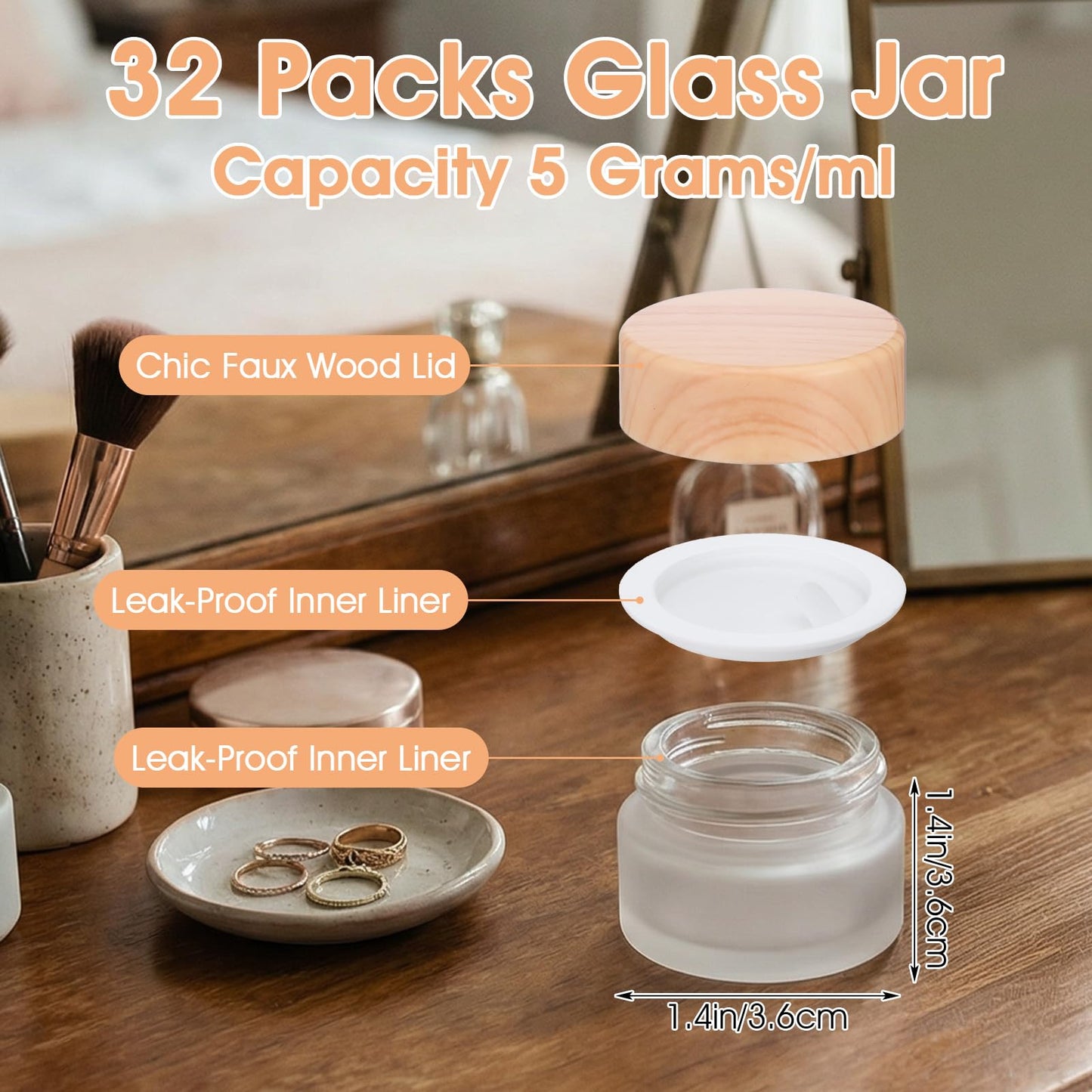 COMNICO 32 Pcs Glass Cosmetic Containers with lids, 5 Grams/5 ML Round Frosted Cosmetic Jars Empty Sample Refillable Travel Jars for Makeup Lip Scrub Lotion Balm