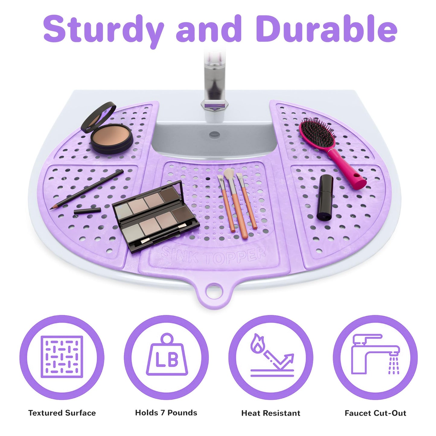 Sink Topper Bathroom Counter Cover & Storage Saver, Foldable Silicone Mat for Hot Tools, Hair Styling & Makeup, Beauty Brush Cleaning Mat, RV Camper Sink Cover & for Small Spaces (Standard Lavender)