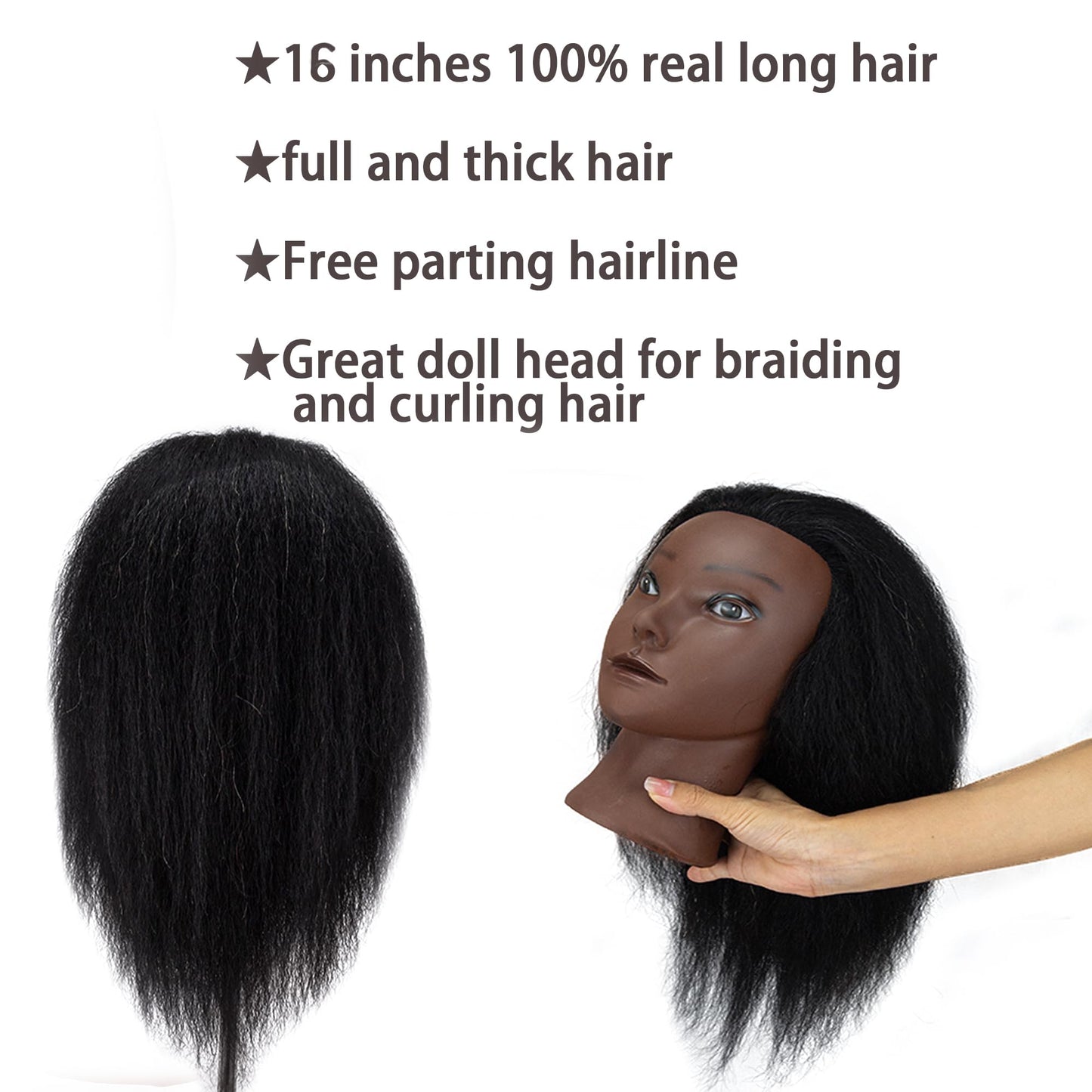 16 Inch 100% Real Hair Mannequin Head Training Head Cosmetology Manikin Doll Head For Hairdresser Practice Braiding Hair styling with Free Clamp Holder