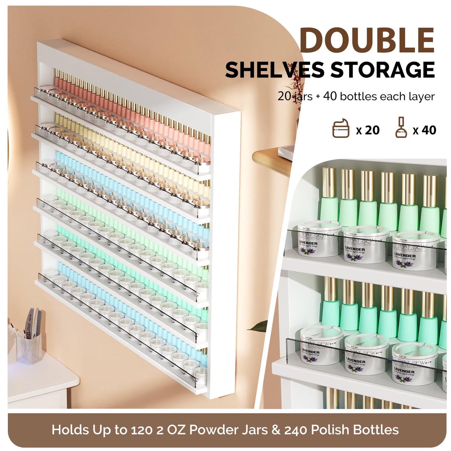 OmySalon Powder & Polish Rack - 6-Tier Double Nail Polish Organizer Wall-Mounted Salon Display Rack with Acrylic Barrier for Nail Salon Spa Home Beauty Studios (White)