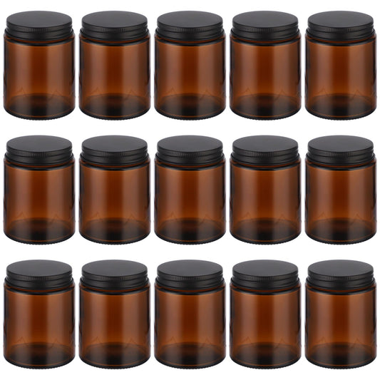 15 PCS 5 oz Amber Glass Jars with Lids - Round Brown Glass Container with Metal Lid, Small Airtight Glass Containers for Cream Lotion Powder Beauty Products, Leakproof Empty Cosmetic Travel candle Jar