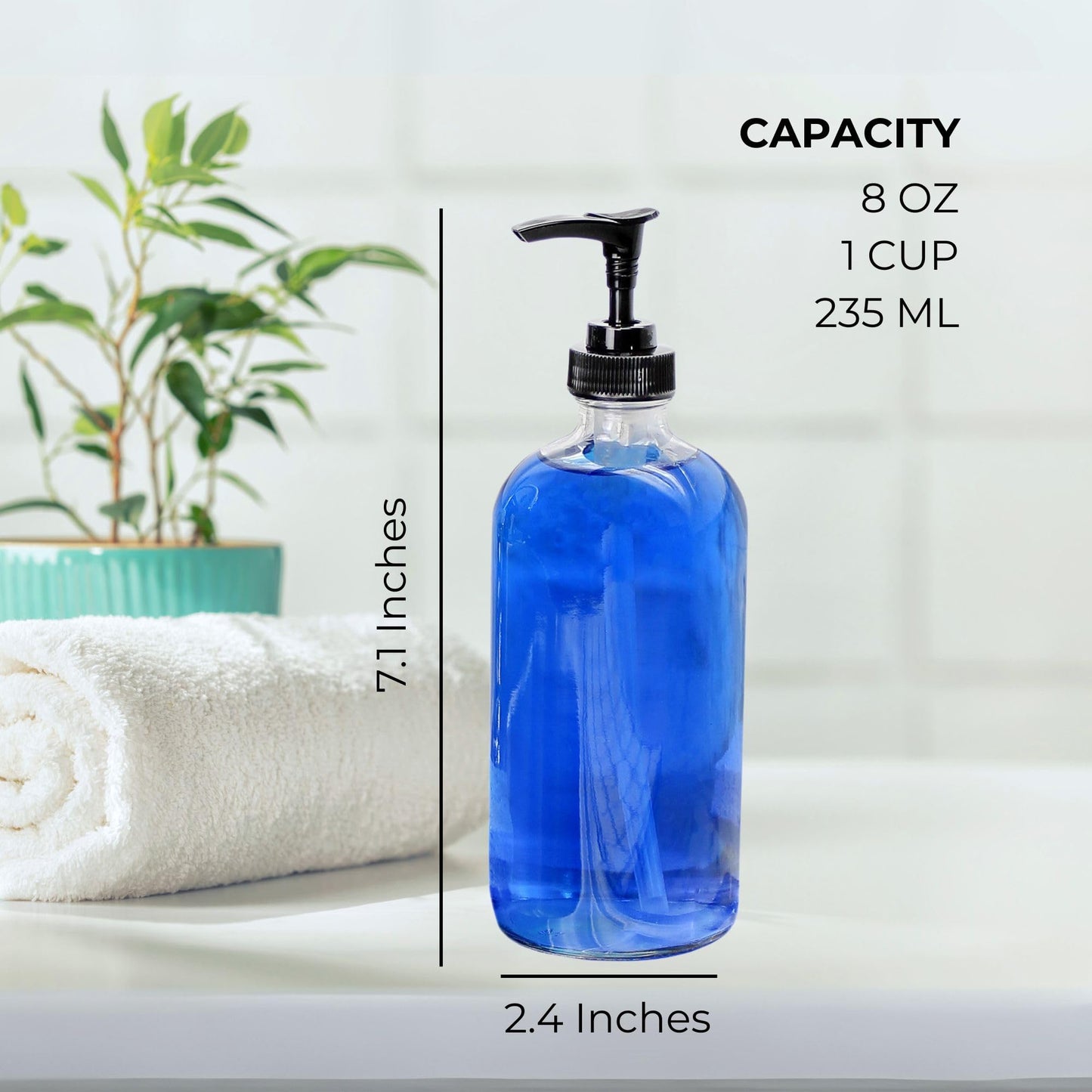 Cornucopia Brands 8oz Clear Glass Pump Bottles (4-Pack w/Black Plastic Pumps), Great as Essential Oil Bottles, Lotion Bottles, Soap Dispensers, and More