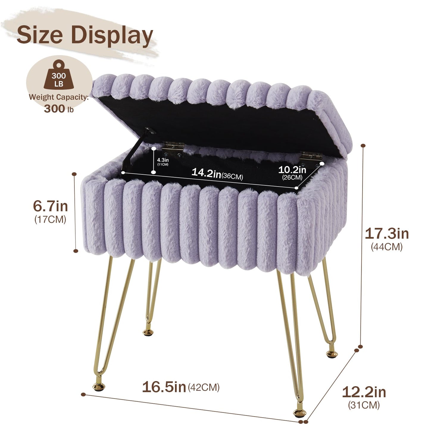 EBENCHICO Vanity Stool Chair with Storage, Faux Fur Stools for Vanity Makeup, Foot Stool Ottoman with 4 Metal Legs, Small Vanity Bench Seat Chairs for Living Room Bedroom