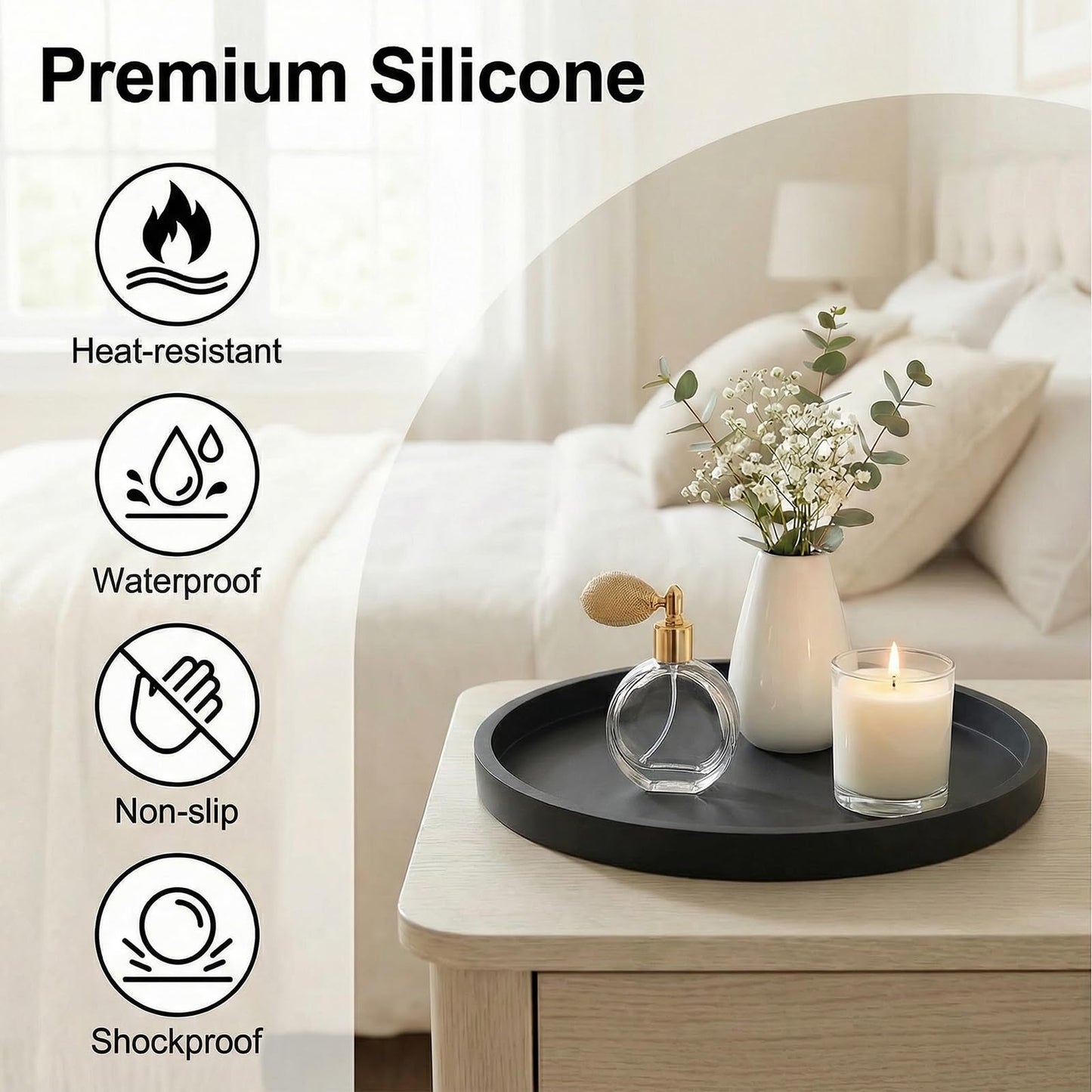 Round Tray Silicone Black, 10.6 Inch Bathroom Tray Countertop Decor, Vanity Trays for Bathroom Organizers, Waterproof Bathroom Tray for Counter, Decorative Coffee Table Tray