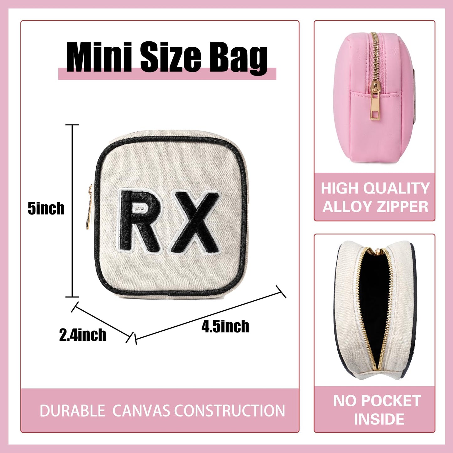 uekeboag Personalized Small Canvas Medicine Cosmetic Bag, Cute Plaid Pattern Chenille Letter Patch RX Drug Pouch with Zipper, Makeup Travel Gift Bag for Women and Girls (11Beige Canvas)