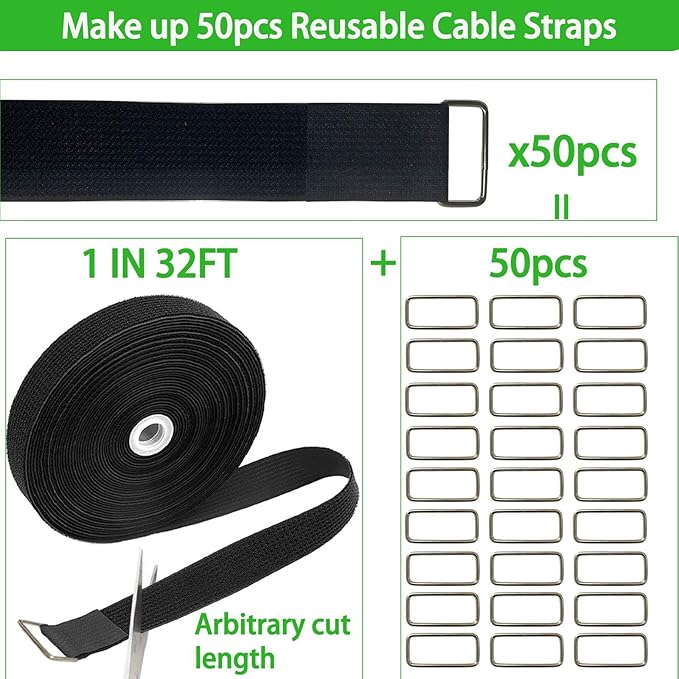 1inx32ftHook and Loop Cable Straps with 50 Metal Buckles, Adjustable Fastening Straps, Reusable Free Cut Length Cord Straps
