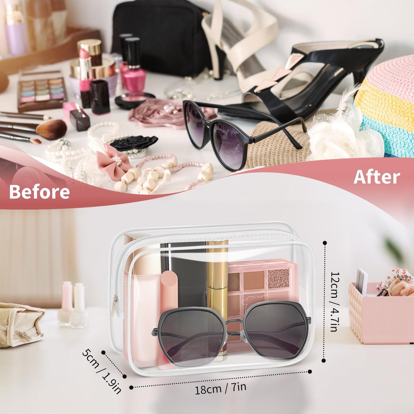 TISRATOK 12 PCS Clear Makeup Bag for Women with Zipper, TSA Approved Toiletry Pouch, Cosmetic Bag Bulk for Travel Organizer Essentials - White,Medium