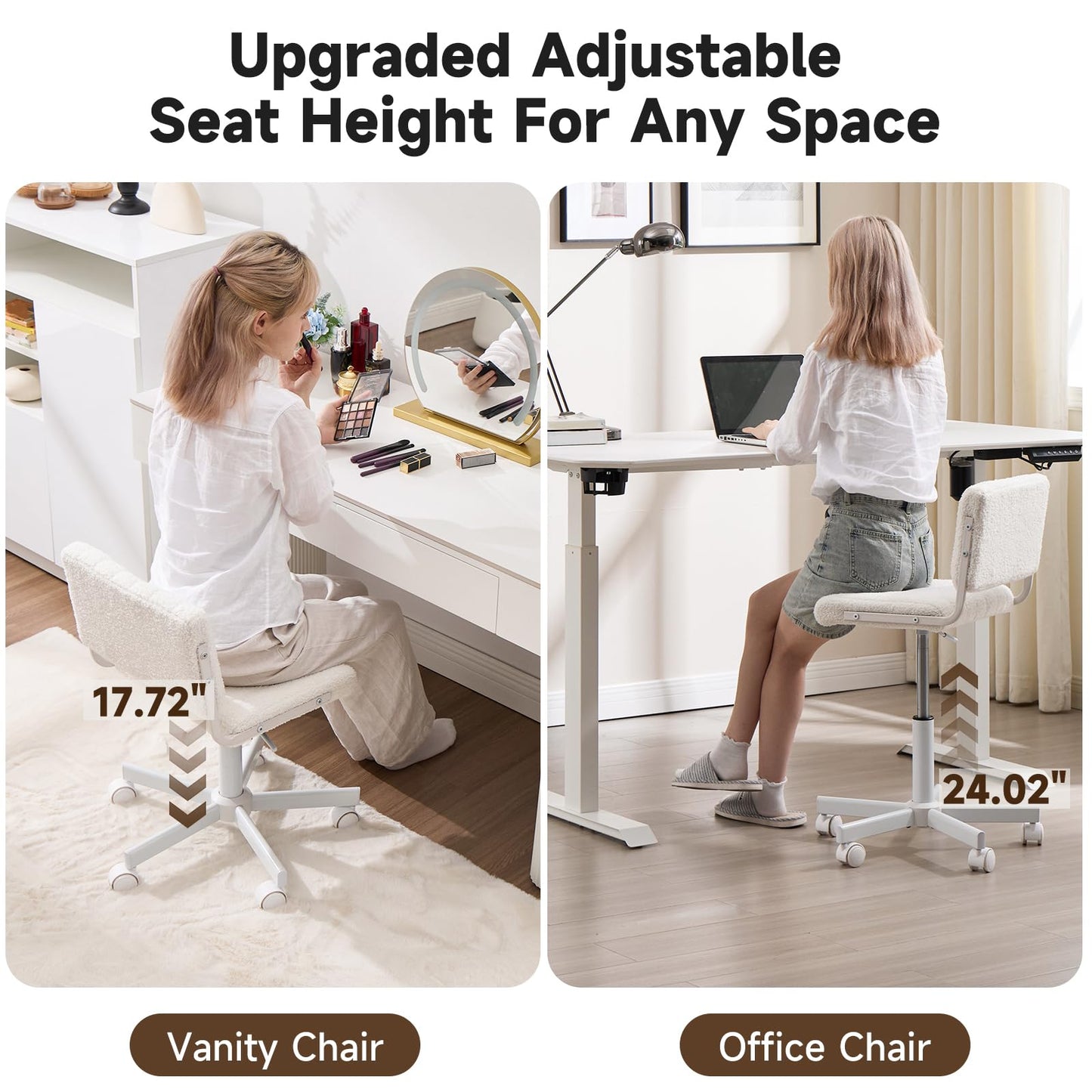 Manyday Office Chair Vanity Chair with Wheels, Comfy Small Desk Chair Vanity Chair with Back, Cute Teddy Armless Adjustable Swivel Chair for Bedroom Home Computer Task, White