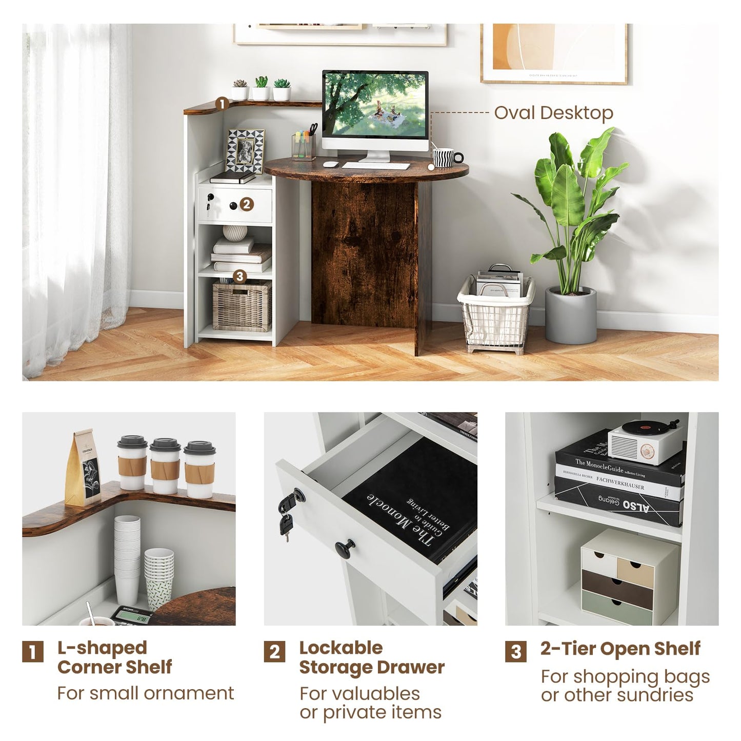 CHEFJOY Reception Desk, Retail Checkout Counter w/Lockable Drawer & Open Shelves, Computer Workstation, Small Front Desk Reception Counter for Company Lobby Store Salon Office (Rustic Brown & White)