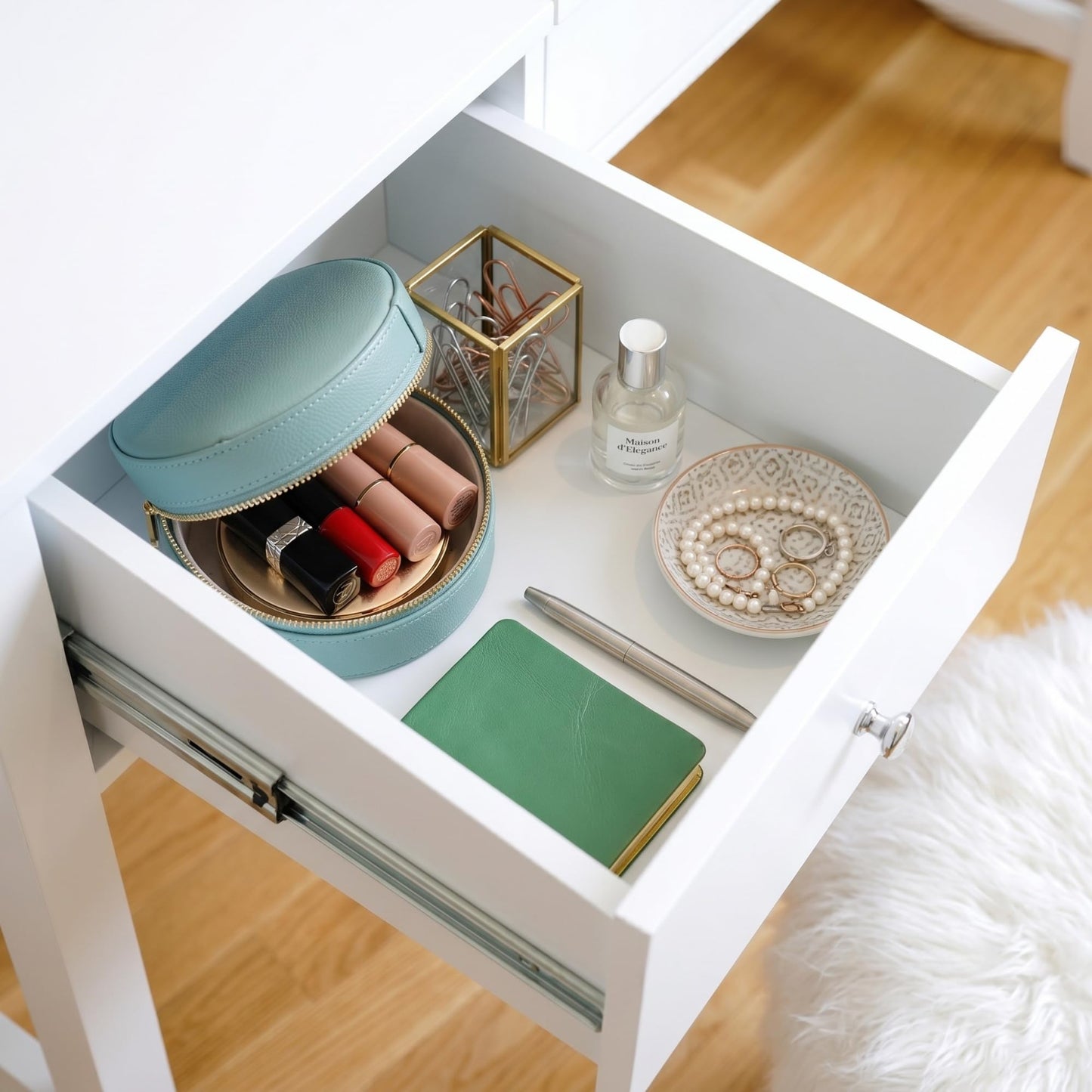 Hives and Honey Harley Vanity Desk – Large Mirror, Storage Drawers, Compact Makeup Table or Workstation, Transitional Style, White Finish