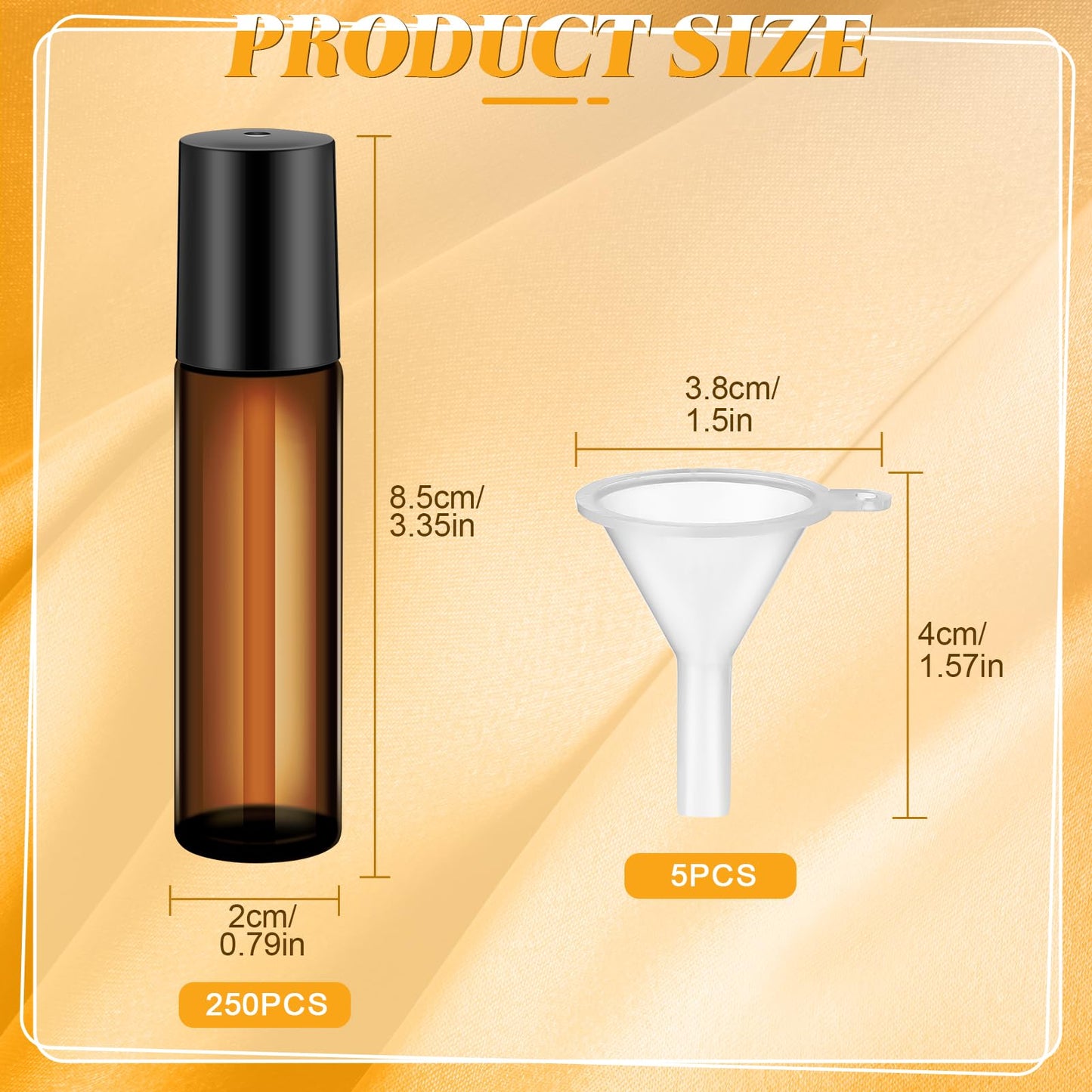 Sumind Essential Oil Roller Bottles - 250 Pcs, 10 ml Glass, Stainless Steel Roller Balls, Leakproof, Funnel Included(Amber)