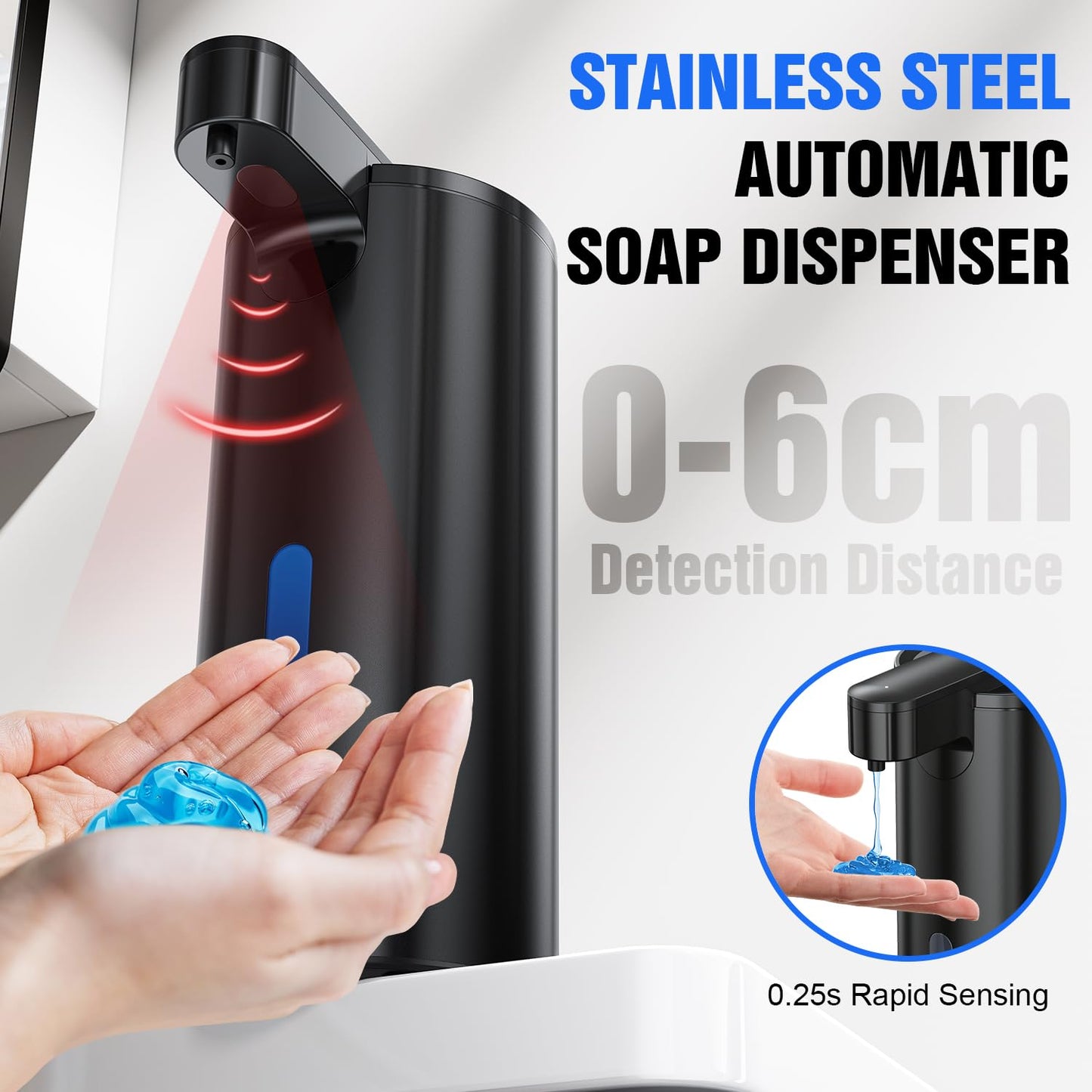 Fantictas Automatic Soap Dispenser Touchless, Stainless Steel 11.5 oz Liquid Hand Soap Dispenser, USB-C Rechargeable Sensor Pump with 3 Adjustable Levels for Kitchen & Bathroom