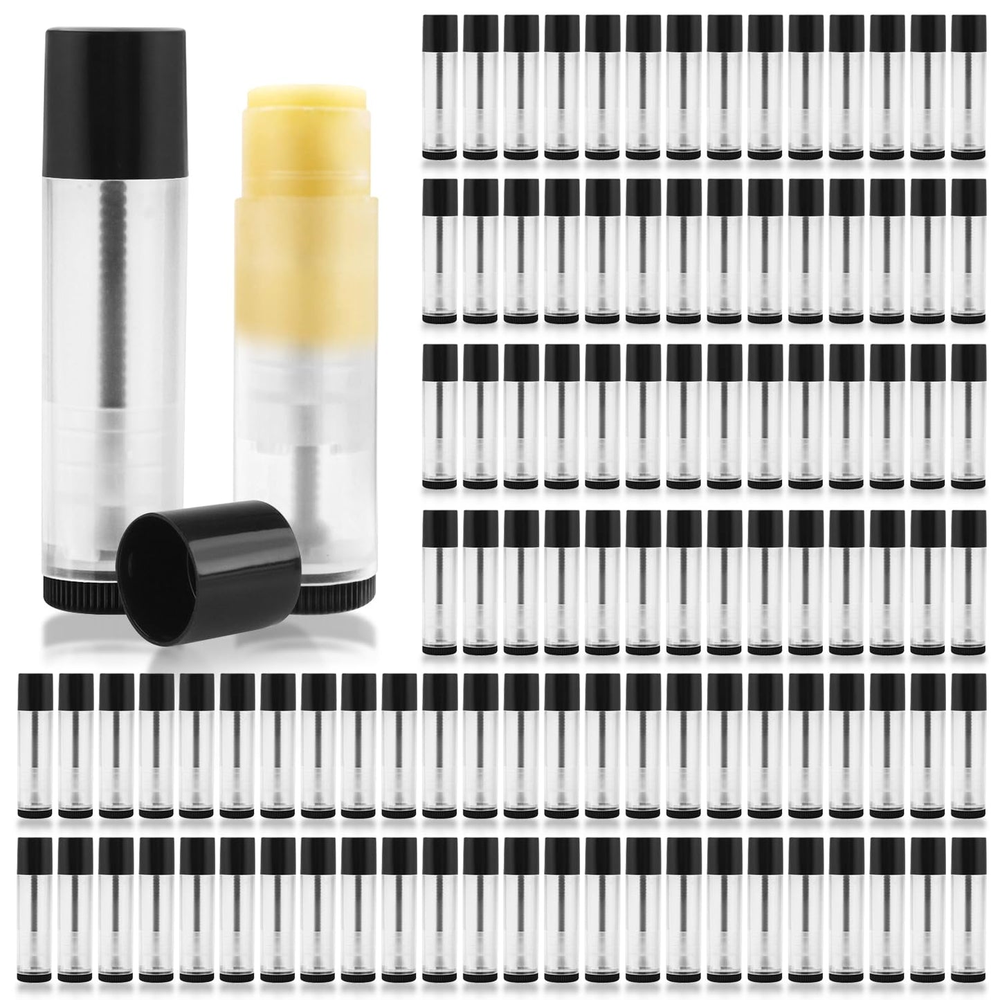 BOSMIOW 100Pcs 5g Empty Clear Plastic Lip Balm Tubes with Black Caps,Refillable Twist-up Lipstick Tubes,Cosmetic Containers for Homemade Chapstick,Lip Gloss,Deodorant,Solid Perfume,Beauty Sample