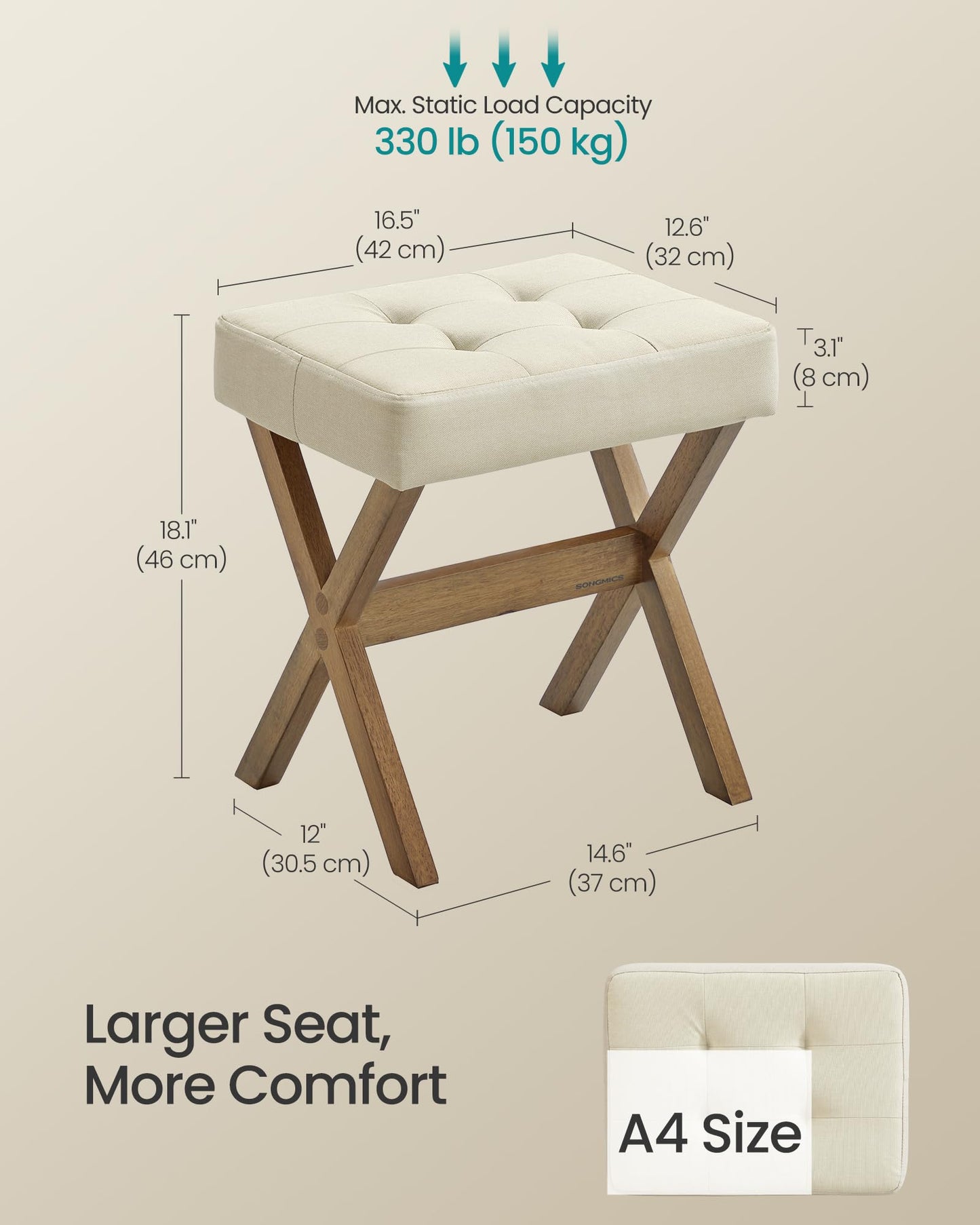SONGMICS Makeup Stool, Padded Vanity Stool, Foot Rest, Solid Wood X Legs, for Bedroom, Closet, Entryway, 12.6 x 16.5 x 18.1 Inches, Summer Sand and Brown ULSF006LF01