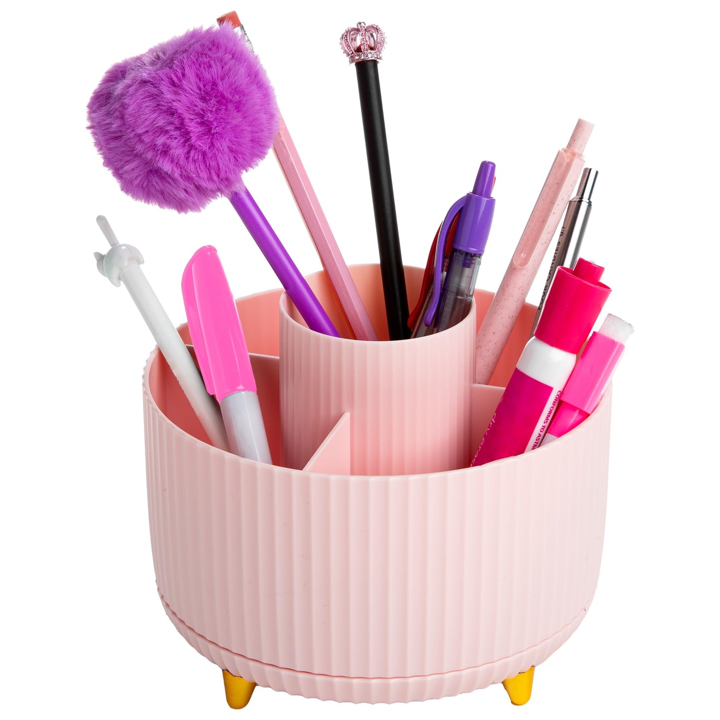Paris Hilton 360° Rotating Makeup Brush Holder, Fluted Design with 5 Compartments, Glam Organizer for Brushes & Tools, Pink