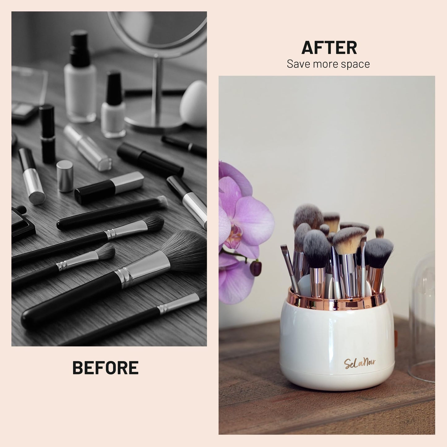 Selanoir Rotating Makeup Brush Holder with Lid Dustproof Vanity Organizer for Makeup Brushes, Bonus Foldable Makeup Brush Cleaner Bowl Included
