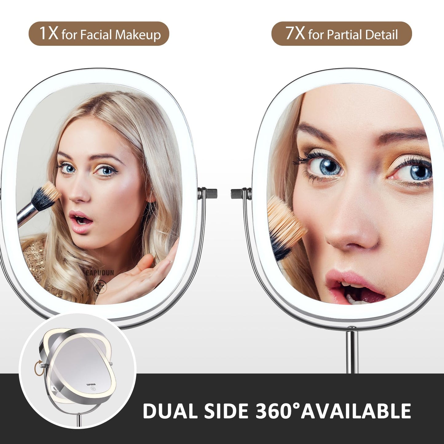 EAPUDUN Lighted Makeup Mirror 9" – 2-Sided Tabletop Vanity Mirror with 7X Magnification, 3 Color Lighting Modes, Rechargeable, 360° Rotation, 84 LED Lights